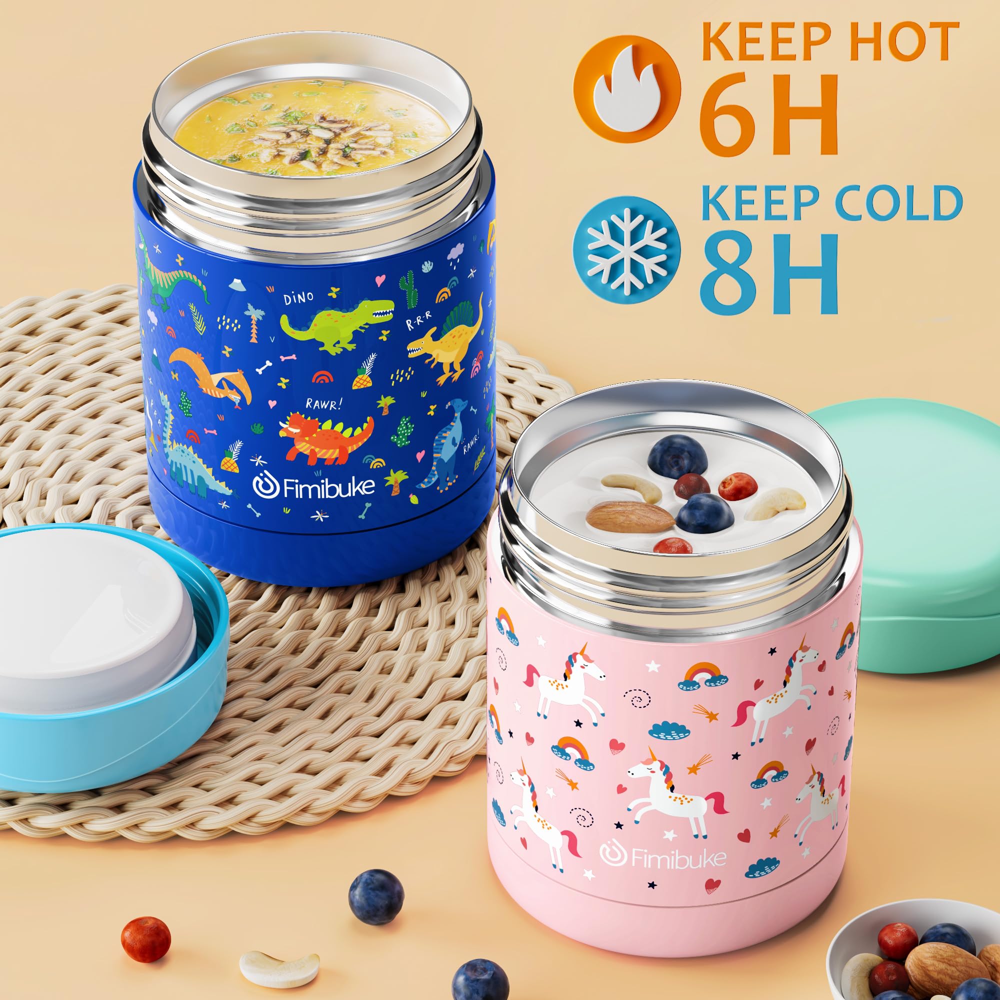 Fimibuke Insulated Kids Food Jar, 12 Oz Bpa-Free Wide Mouth Stainless Steel Vacuum Thermos For Hot/Cold Food For School Travel L