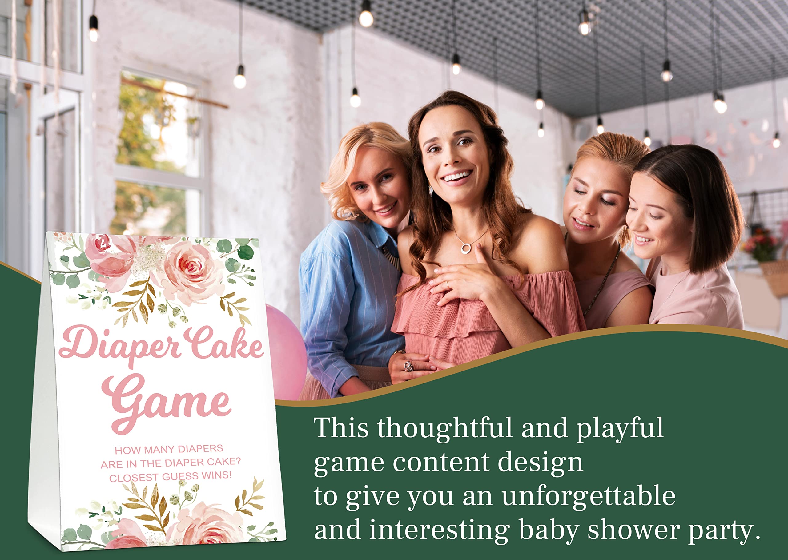 Baby Shower Game Set, Diaper Cake Games(1 Standing Sign + 50 Guessing Cards), Floral Guess How Many Diapers Party Game, Blush Pi