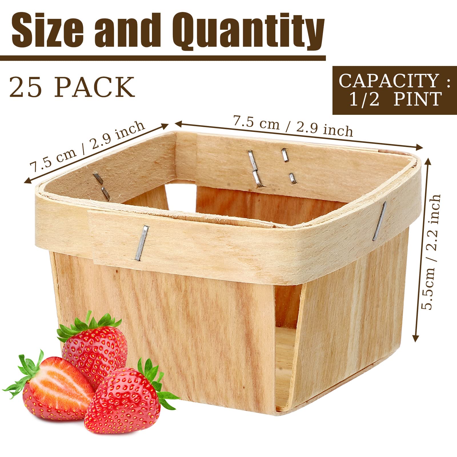 Hoolerry 25 Pieces 1/2 Pint Wooden Gift Baskets 3 x 3 x 2.2 Inch Square Vented Wood Boxes Mini Berry Basket Bulk for Fruit Picki