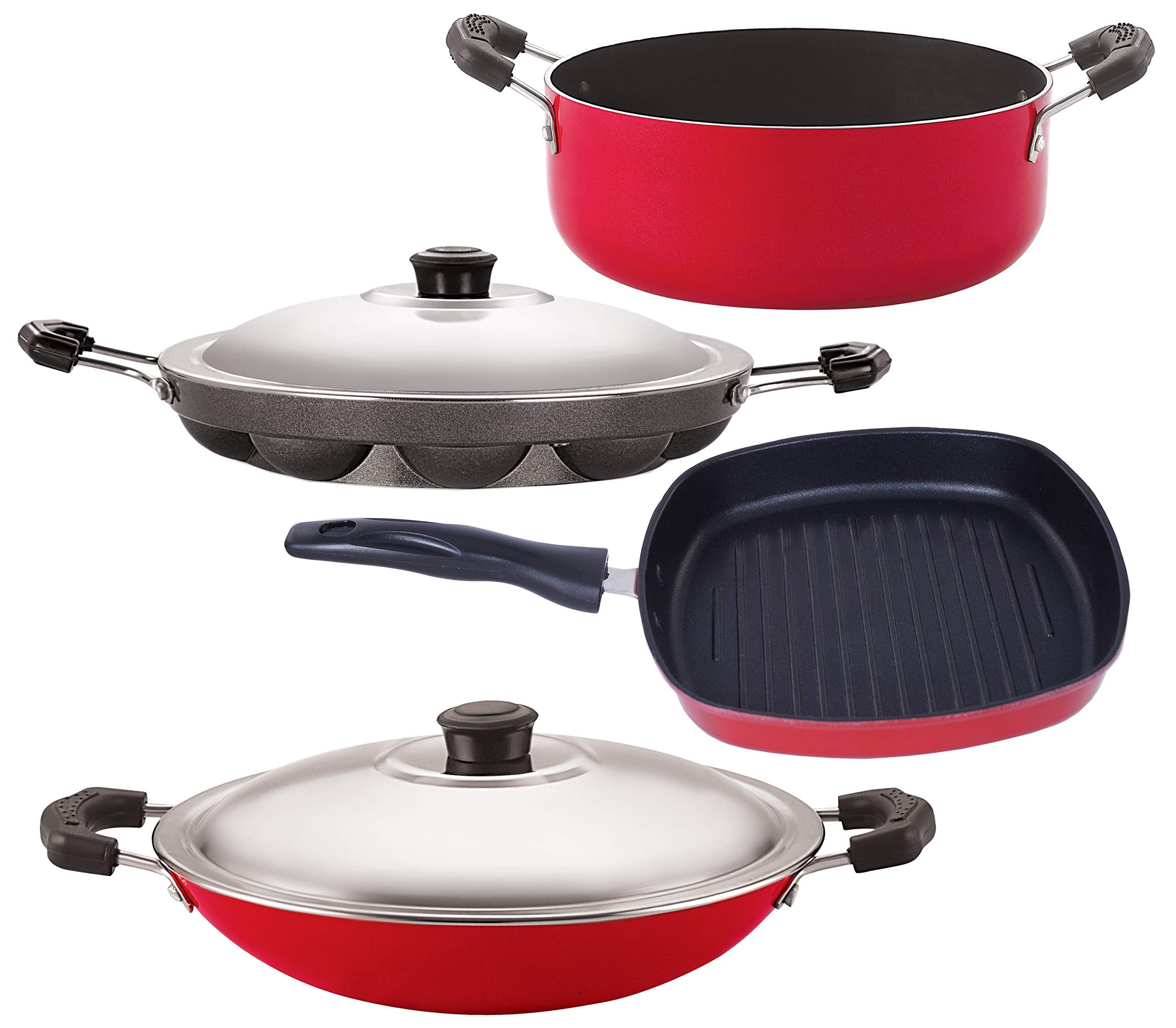 Nirlon NonStick Aluminum Cookware Set, 4Piece, Red And Black (2.6Mm_Ap(12)_Ac_Gp(22.5)_Cass22)