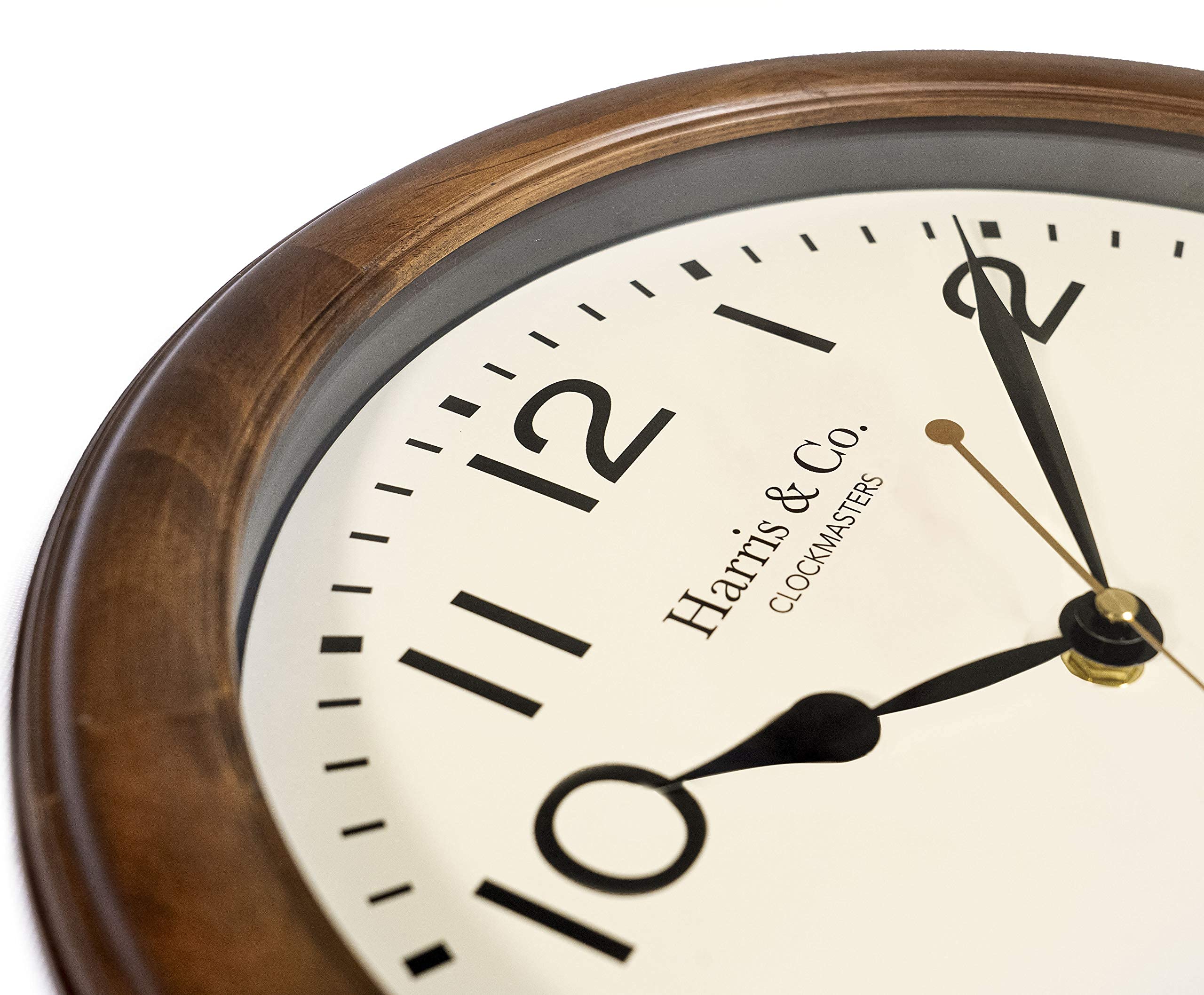 Harris & Co. Clockmasters Vintage Classic Design Analog Wall Clock- 14 Inch (Wooden Dark Teak Frame & Hd Clear Glass) (Silent Sw