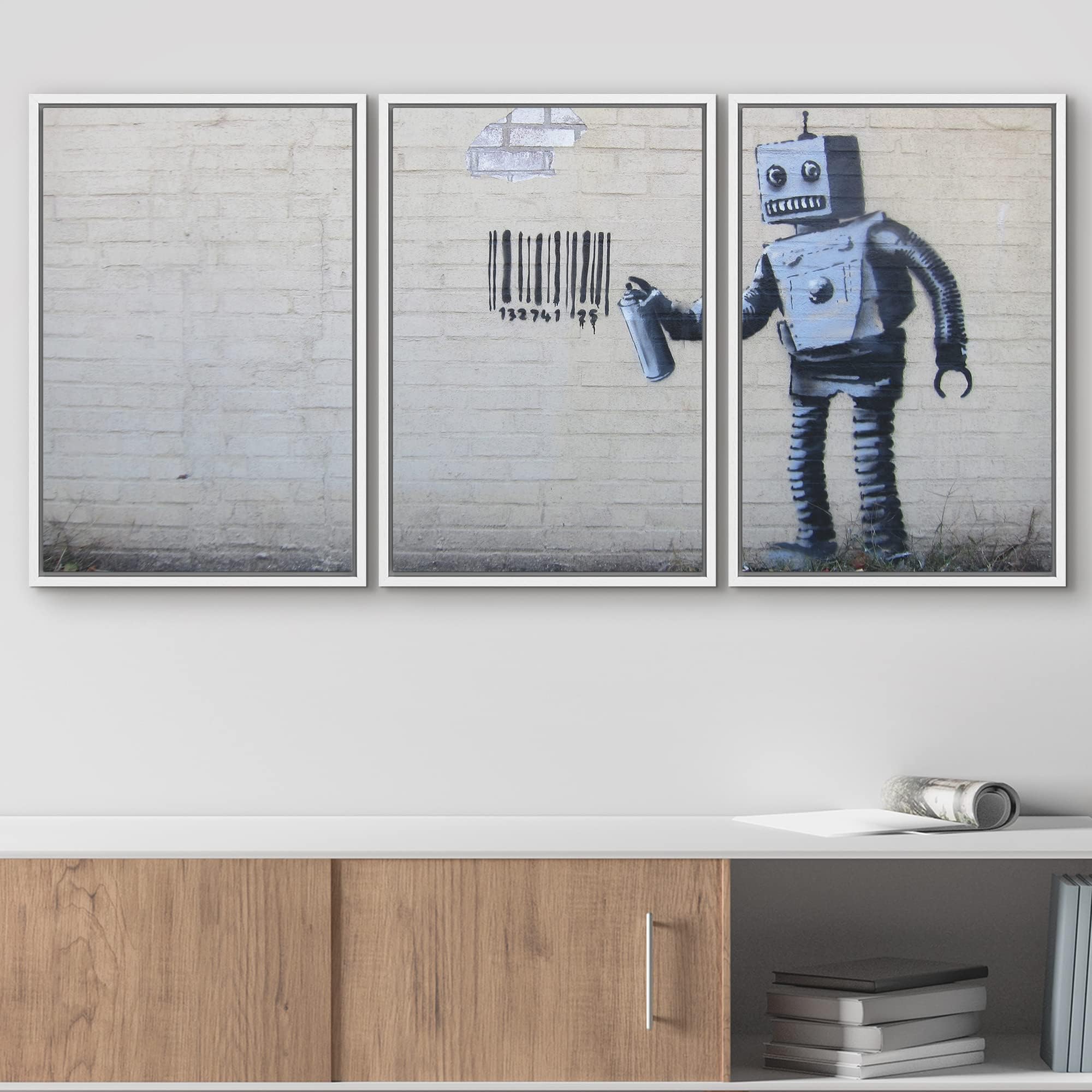 Wall26 - Robot Graffiti Banksy Street - Framed Canvas Art Wall Art - 24''X36''X3 White