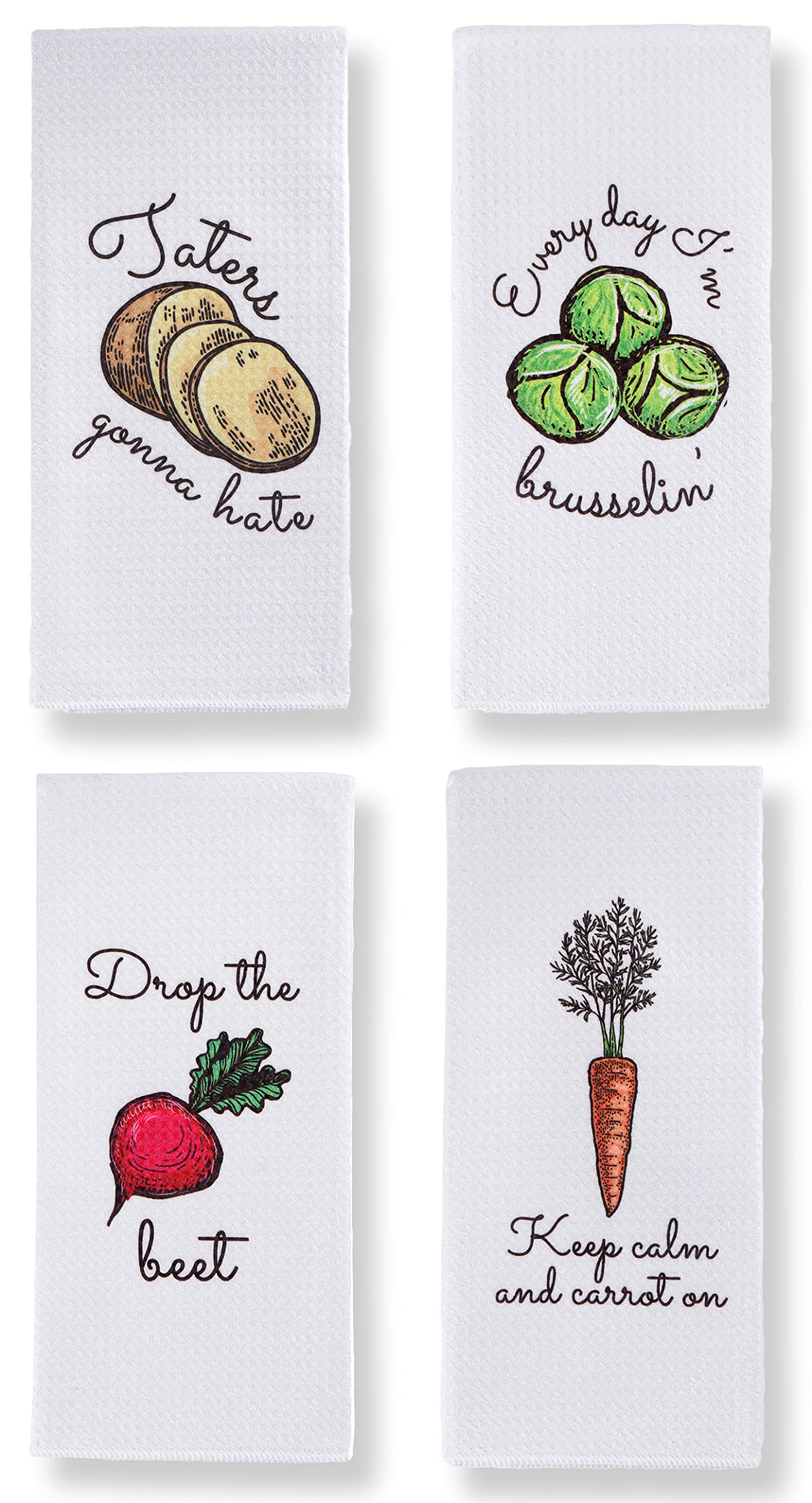 Vinjoy Microfiber Veggie Themed Dish Towels Set Of 4 - Funny Puns, Durable Design, Easy Cleaning