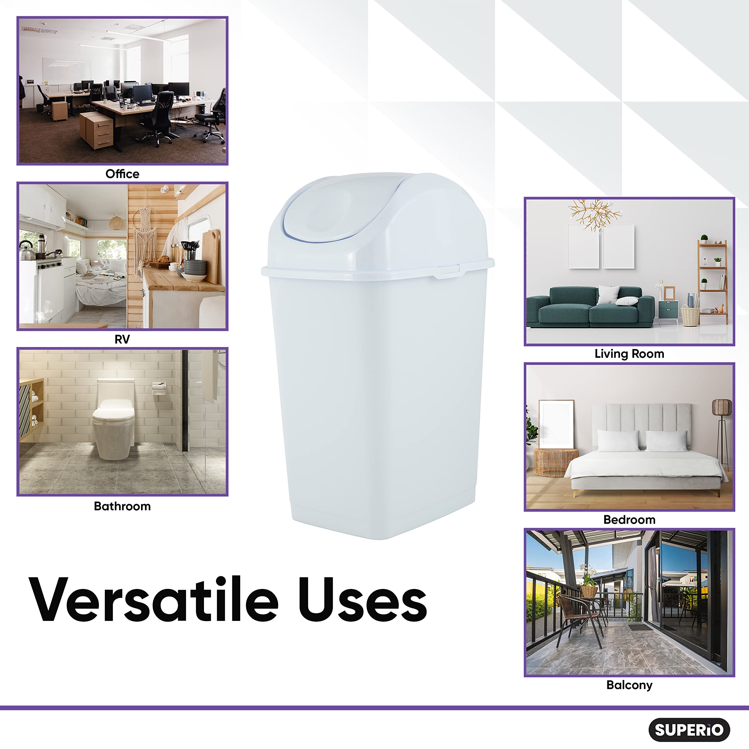 Superio Small 2.5 Gallon Plastic Trash Can with Swing Top Lid  Compact Slim Waste Bin for Under Desk  Office  Bedroom  Bathroom  Dorm Room  10 Qt. Portable Garbage Can (White)