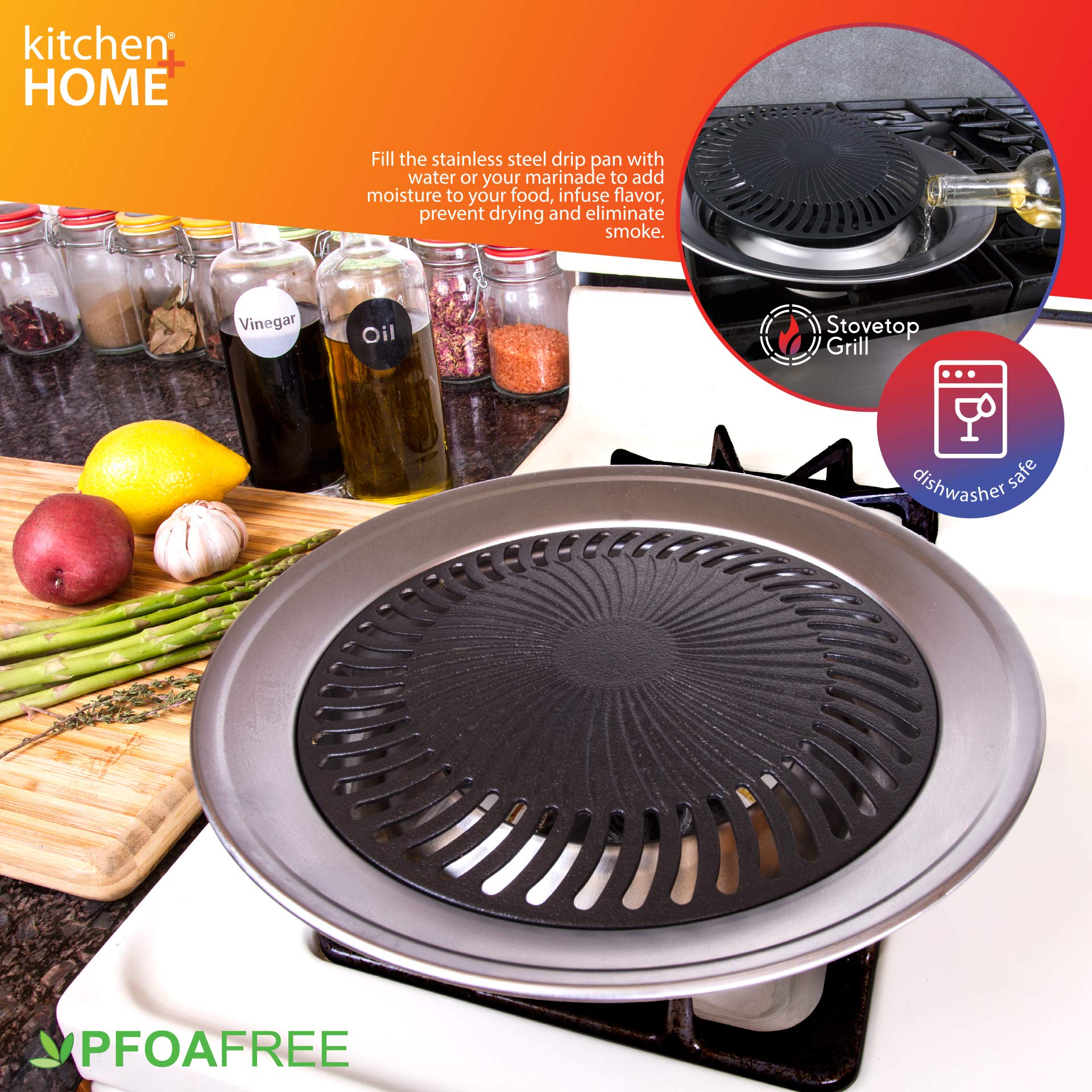 Kitchen + Home Stove Top Smokeless Grill Indoor Bbq, Stainless Steel With Double Coated Non Stick Surface
