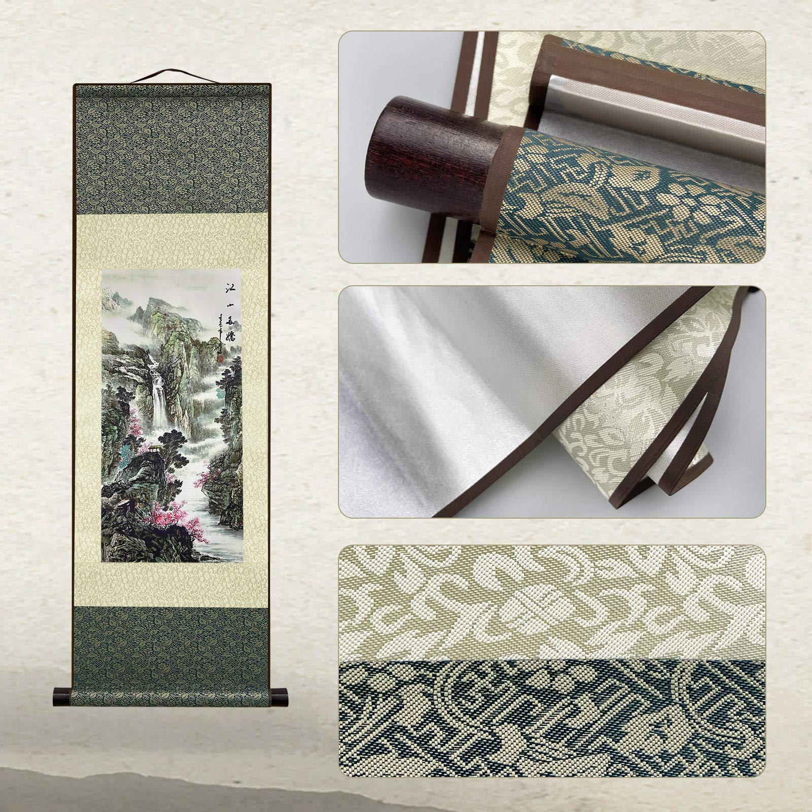 AtfArt Asian Wall Decor Beautiful Silk Scroll Painting Jiangshan Duojiao - Our land is rich in beauty Oriental Decor Chinese Art Wall Scroll Wall Hanging Painting Scroll (39 x 12 in)