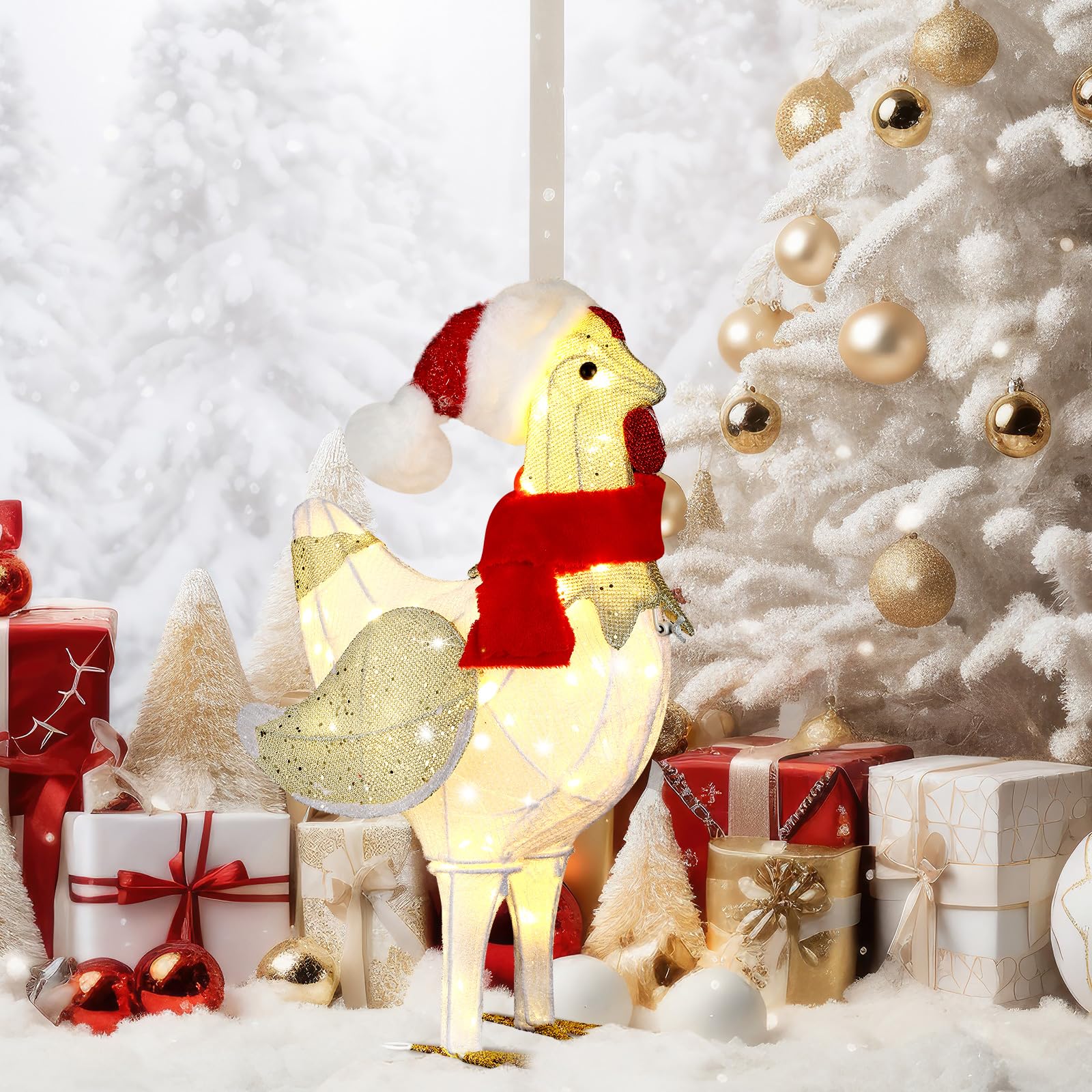 Colingmill 20.8 Inch Light Up Chicken Christmas Decoration Outdoor Large Glitter Chicken with LED Lights and Metal Frame Pre Lit