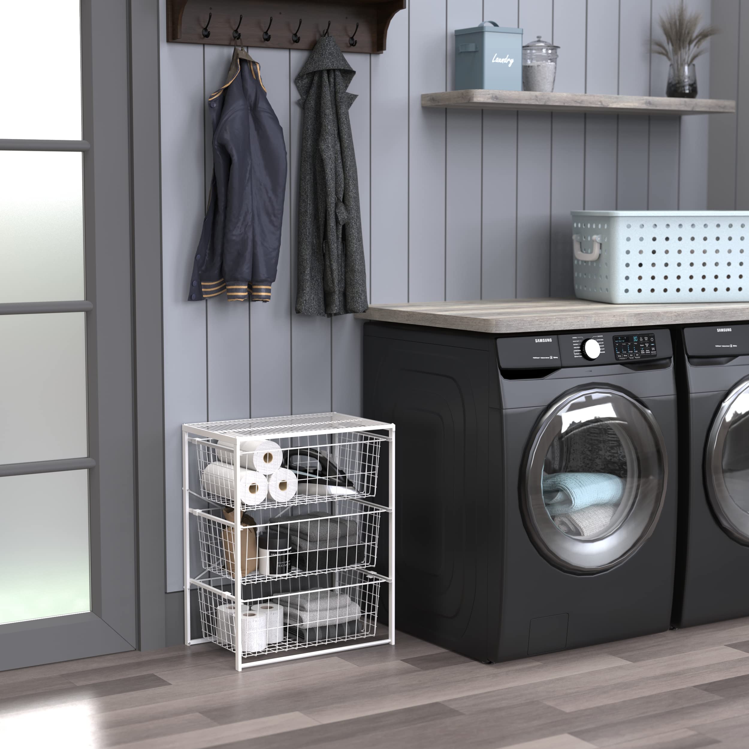 Closetmaid Wire Basket 3 Drawer Organizer Unit With Shelf For Pantry, Closet, Clothes, Linens, Sturdy Steel, Easy Assembly, Whit