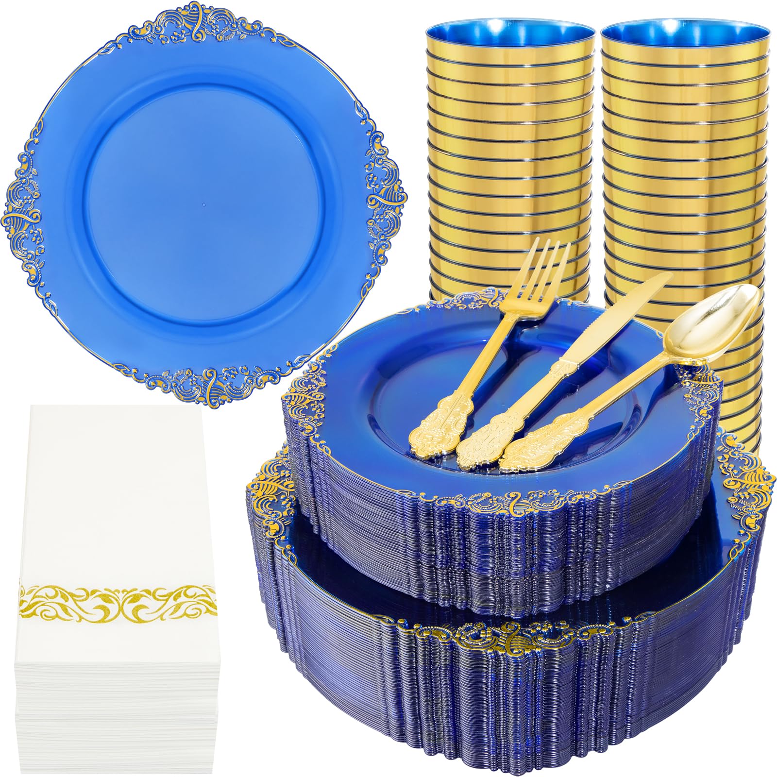 Nervure 350Pcs Blue Plastic Plates - Blue Plastic Dinnerware Sets For 50 Guests - 100 Blue Disposable Plates, 150 Gold Plastic S