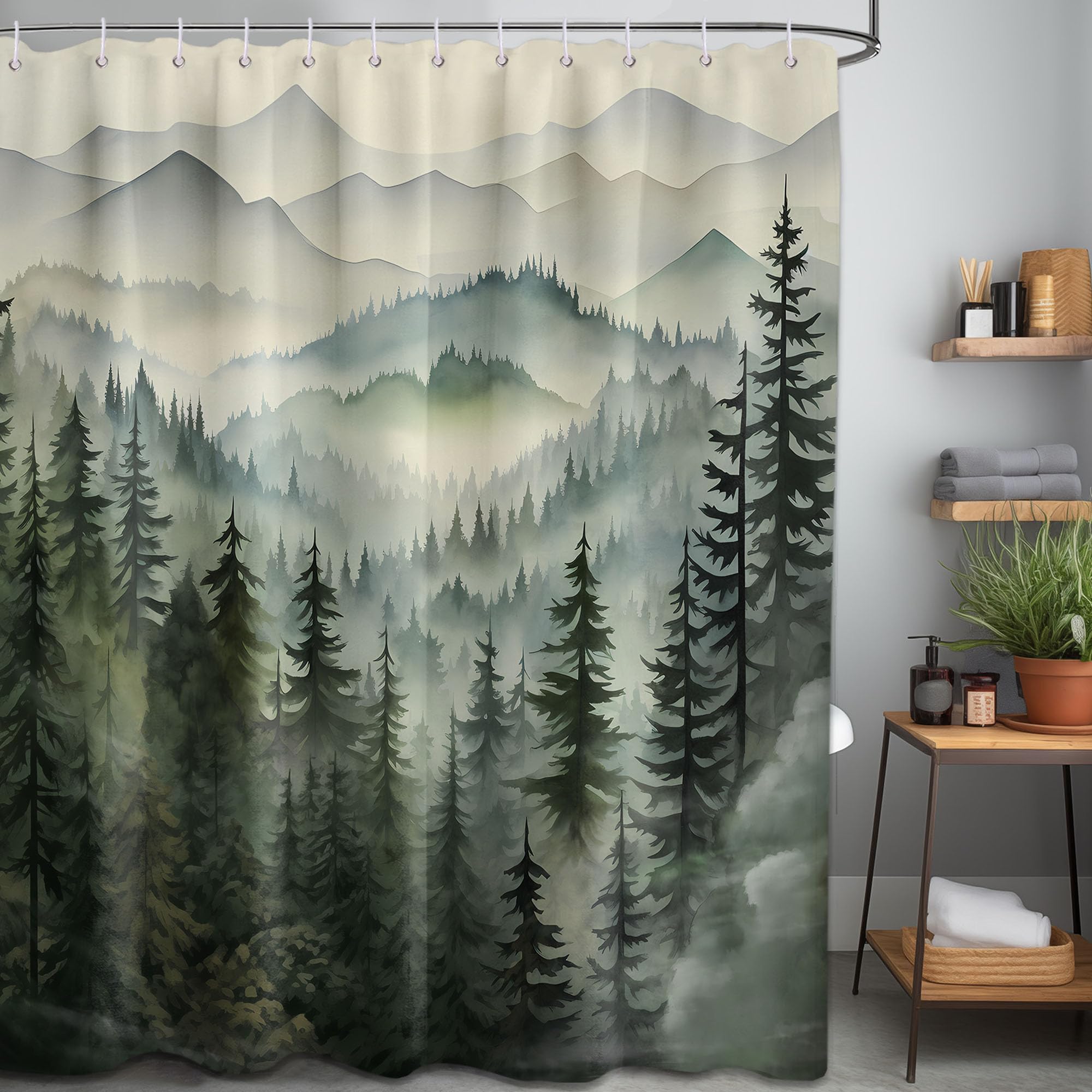 Qghot Mountain Shower Curtain Forest, Nature Shower Curtains For Bathroom, Rustic Woodland Pine Tree Landscape Bathtub Curtain M