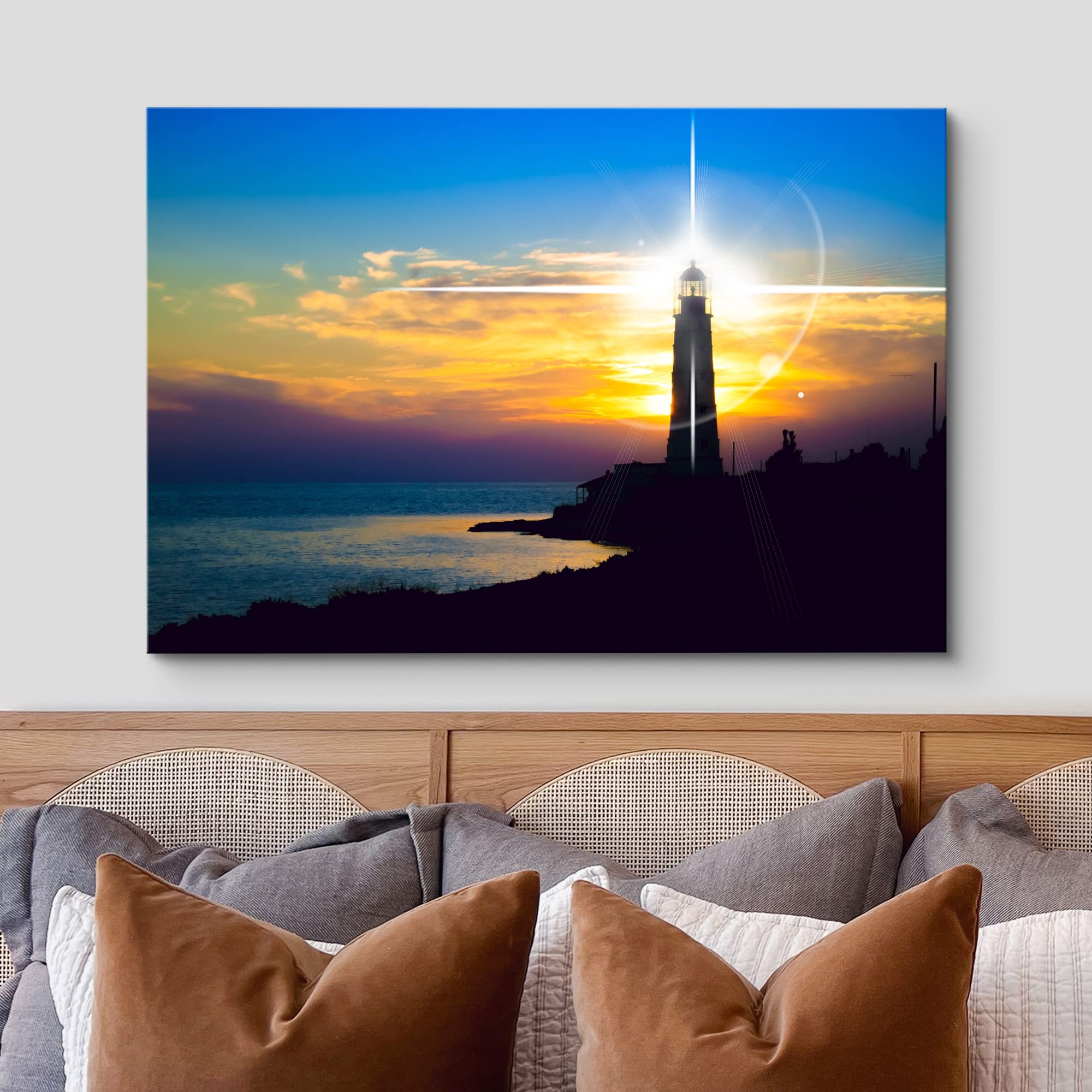 Wall26 Canvas Print Wall Art Shining Lighthouse At Sunset On The Coast Marine Life Ocean Photography Realism Nautical Scenic Rel