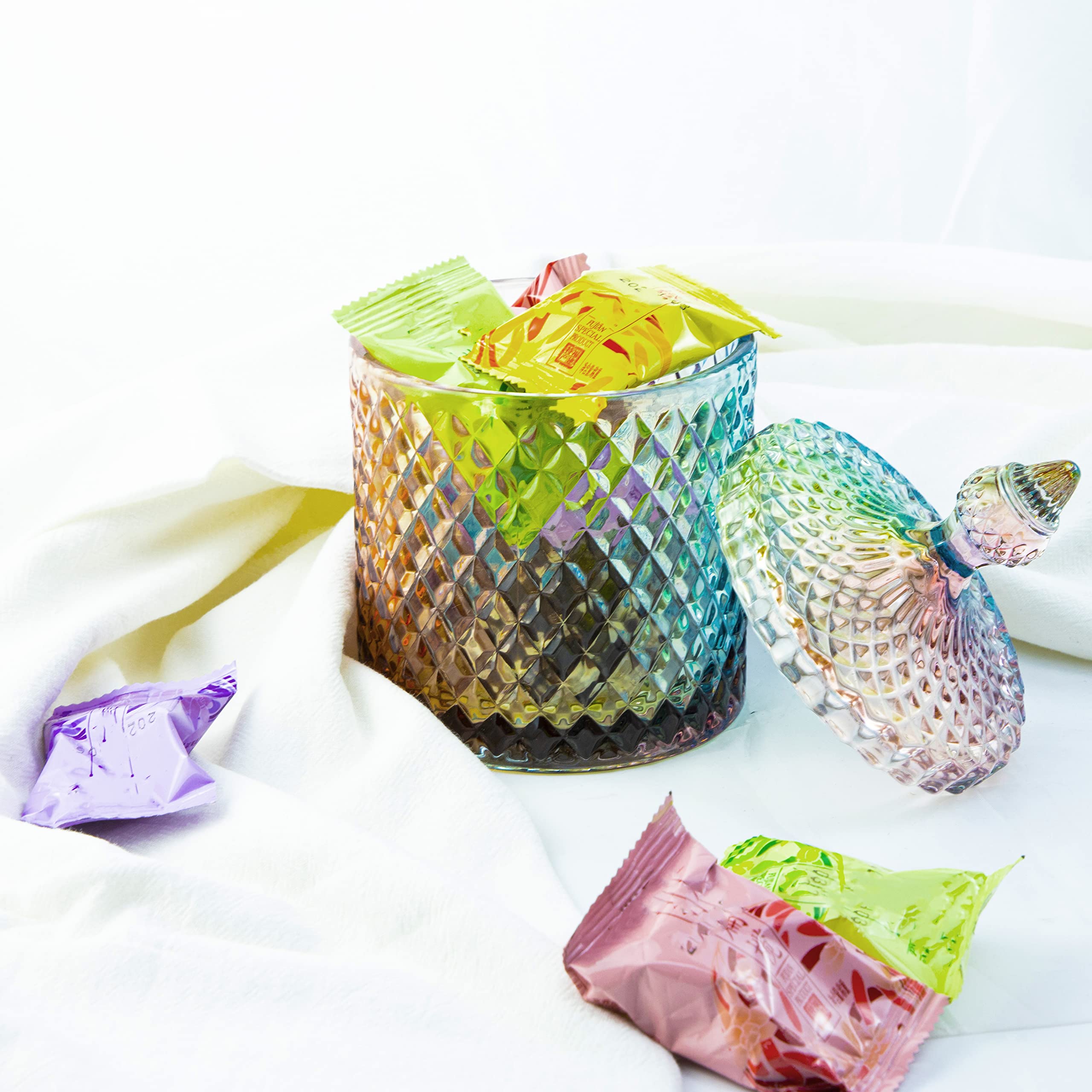 Rainie Love Home Basic Food Storage Organization Set-Colorful Crystal Diamond Faceted Jar with Crystal Lid Suitable as A Candy Dish Cookie Tin Biscuit Barrel Decorative Candy Jar-12 OZ-Small