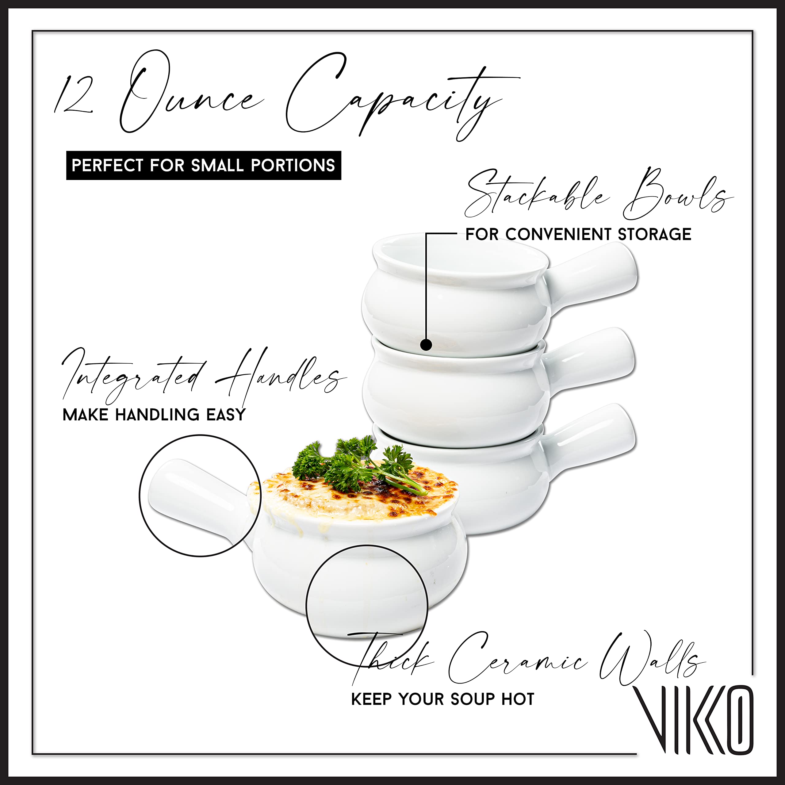 Vikko Soup Bowls, Set Of 4 Soup Bowls With Handles, 10 Ounce,Microwave Safe, French Onion Soup Crocks Oven Safe, Porcelain Soup