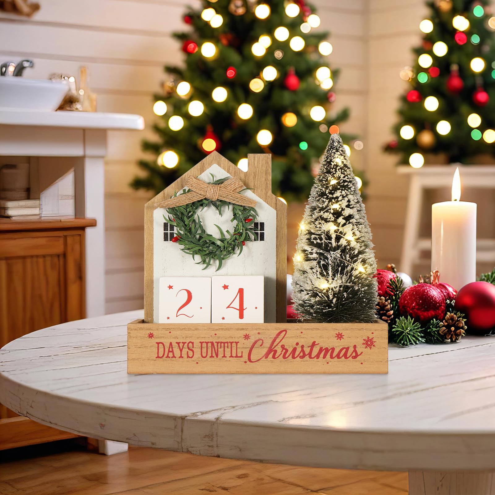Christmas Tree Countdown Block LED Lighted 99 Days Until Christmas Wreath Calendar Tabletop with Timer Number Date Rustic Wooden