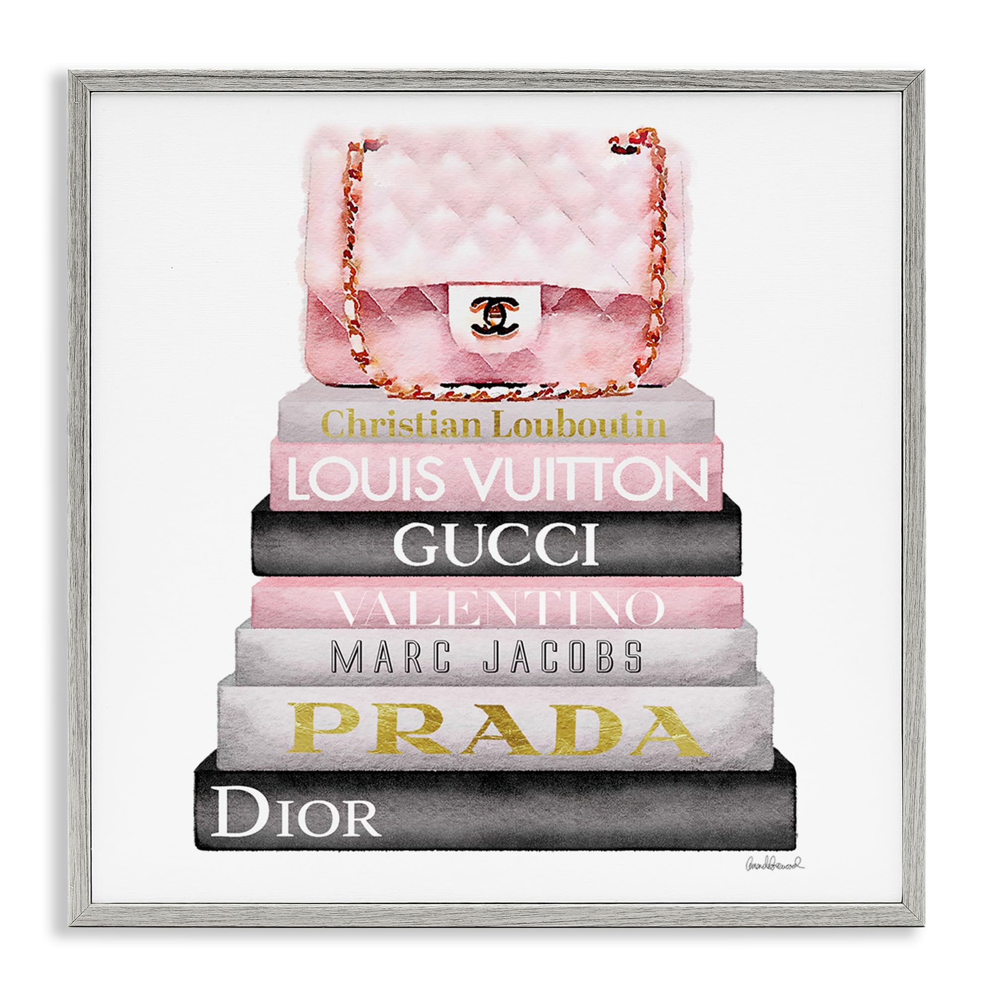 Stupell Industries Watercolor High Fashion Bookstack Padded Pink Bag  Design by Amanda Greenwood Wall Art  17 x 17  Gray Framed