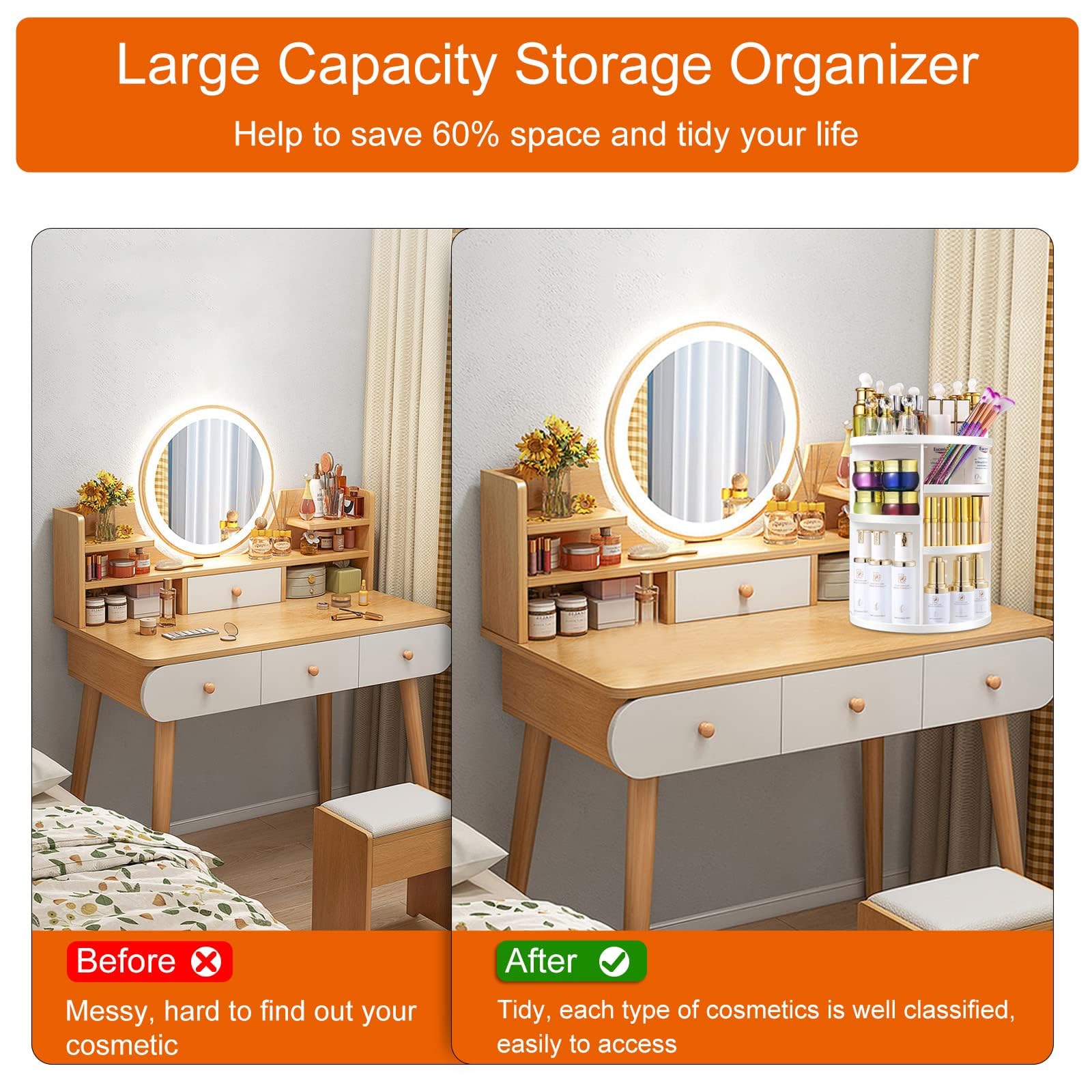 sanipoe 360 Makeup Organizer  DIY Detachable Spinning Cosmetic Makeup Caddy Storage DIsplay Bag Case Large Capacity Makeup Box Acrylic Vanity Organizer Box  Great for Countertop and Bathroom  White
