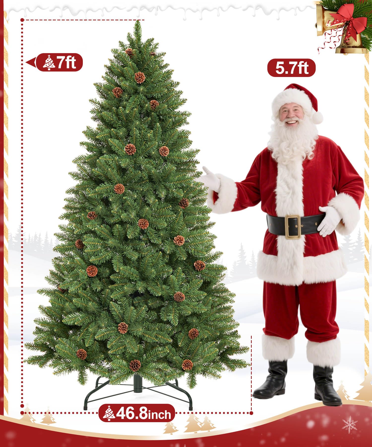 Decoway 7FT Artificial Christmas Tree: Unlit Green Xmas Pine with Pinecones and Metal Stand for Indoor - Holiday Decoration for