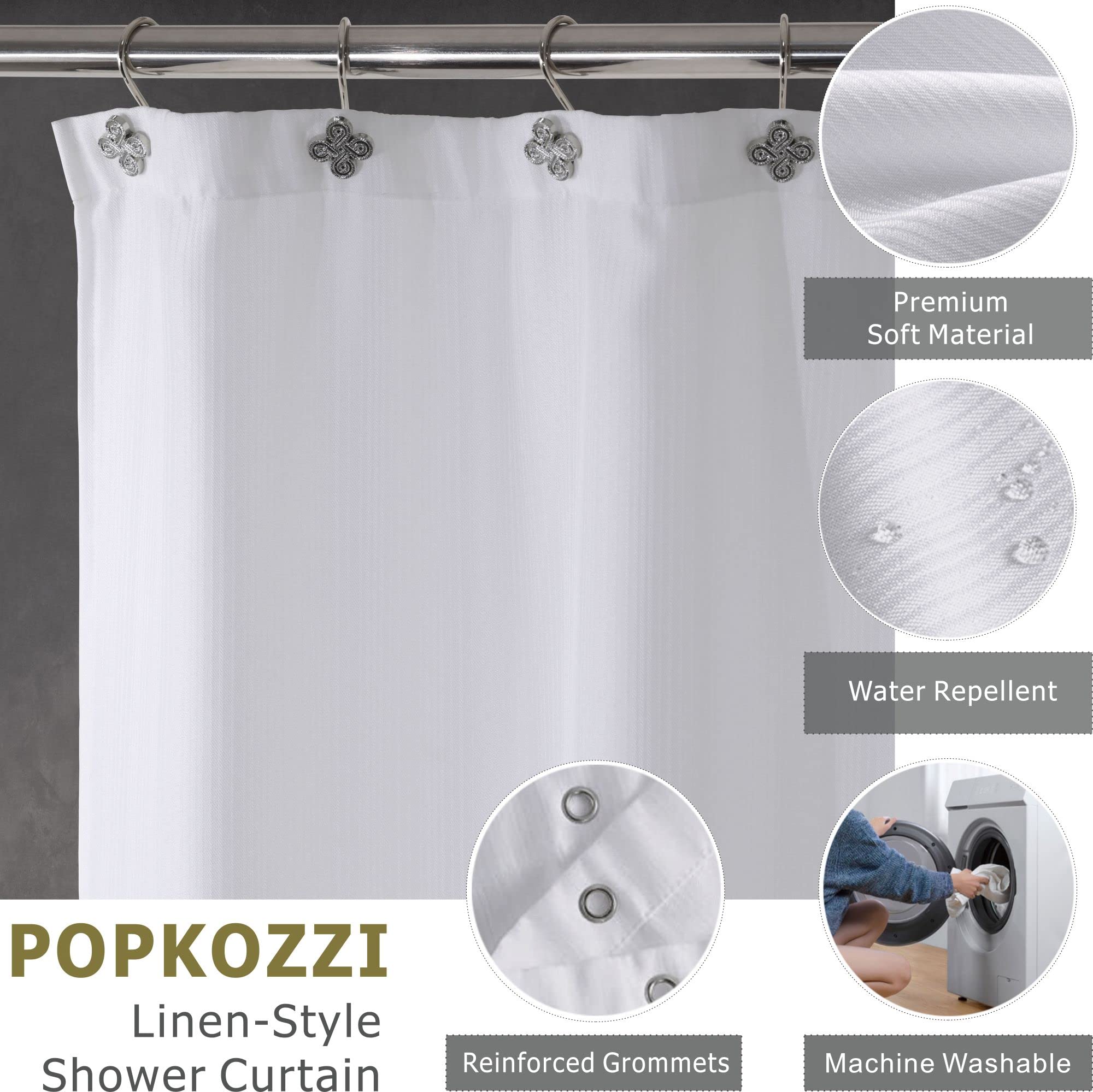 Popkozzi White Fabric Shower Curtain: Linen Textured Water Repellent Washable Light-Weight Polyester Shower Curtains For Bathroo