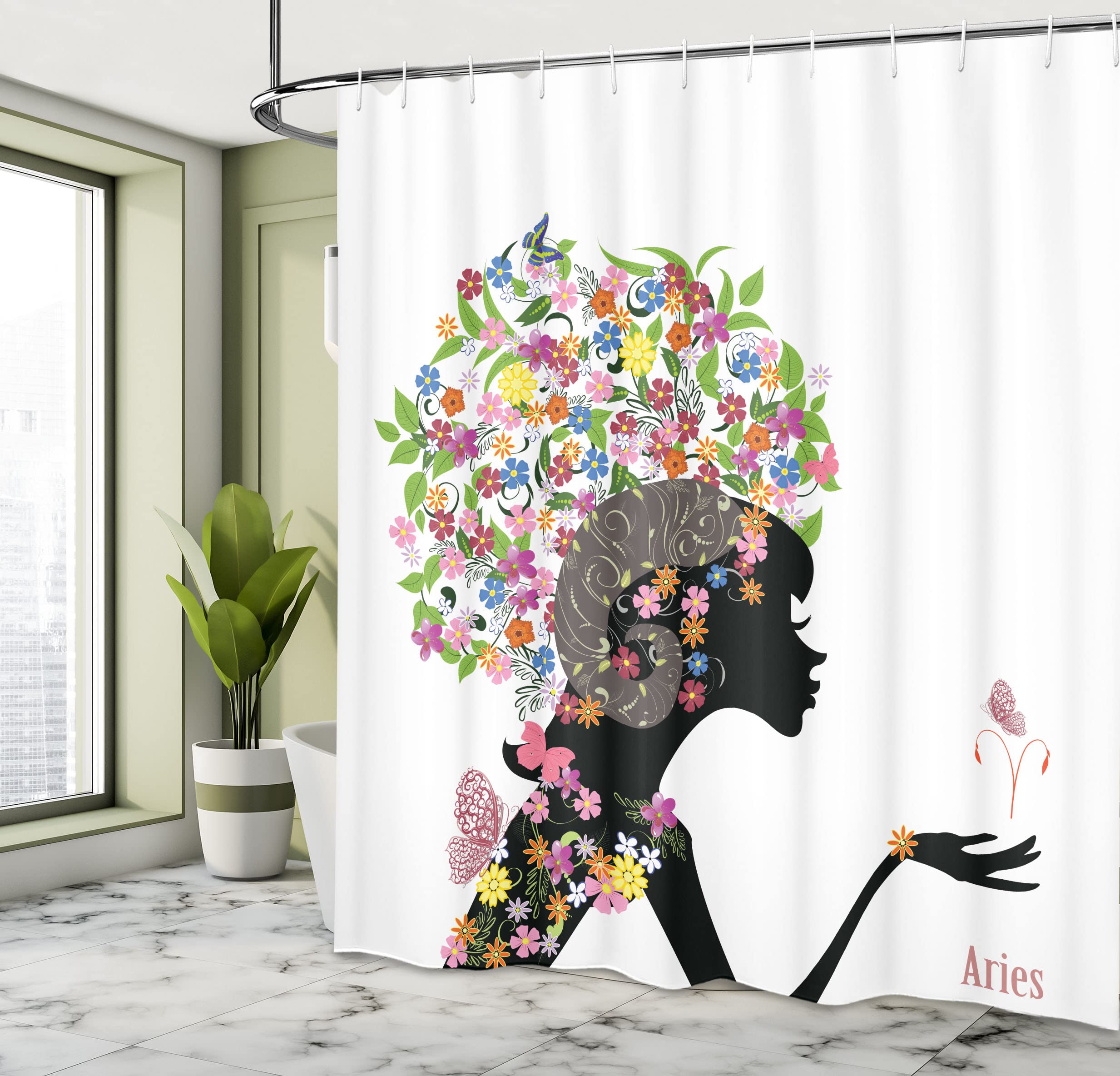 Ambesonne Zodiac Aries Shower Curtain, Fashion Girl Aries Woman With Horns Floral Dress Lively Blossoms Butterflies, Cloth Fabri
