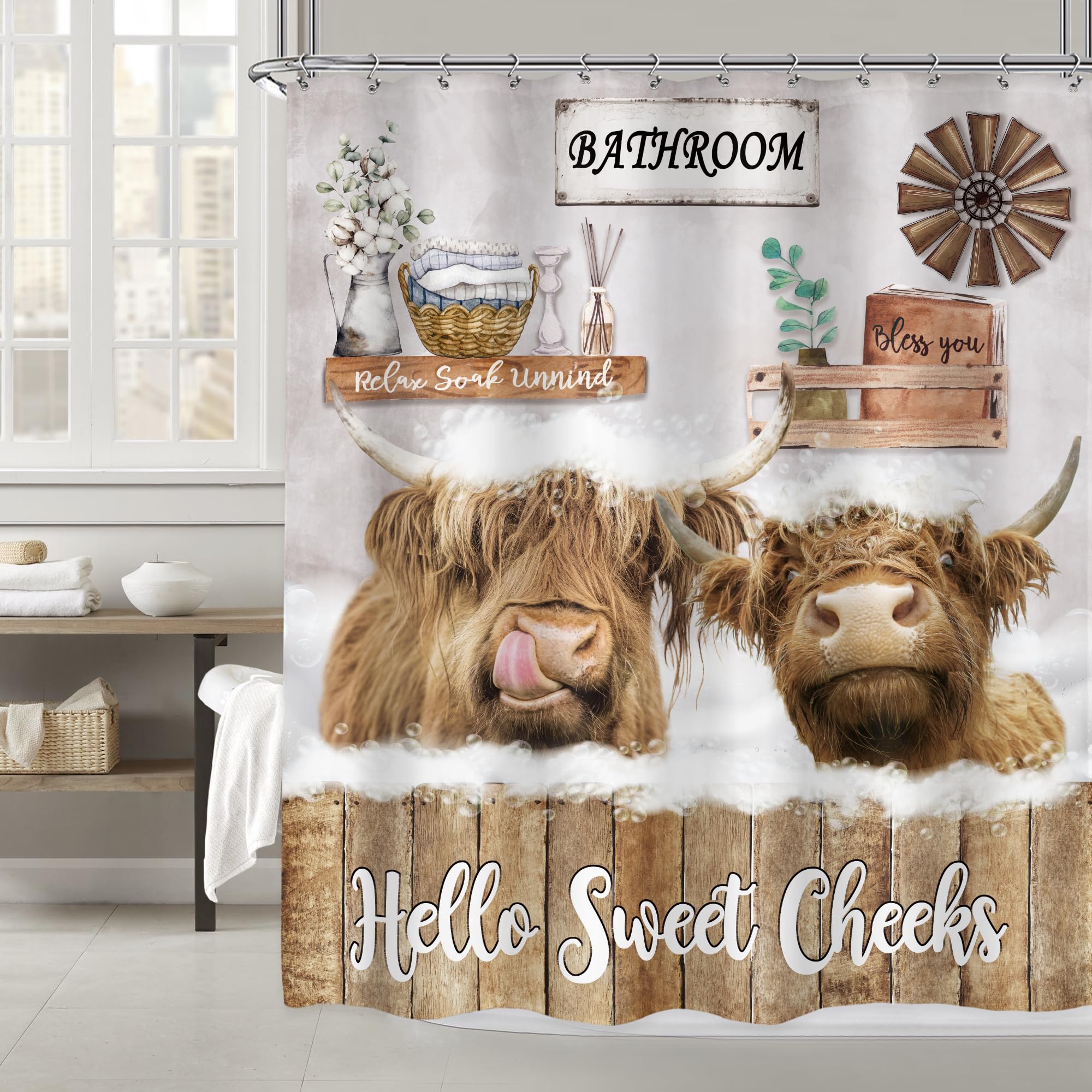 Imirell Highland Cow Shower Curtain 60Wx72H Inches Rustic Farmhouse Bull Funny Animal Wooden Board Country Western Wildlife Plan