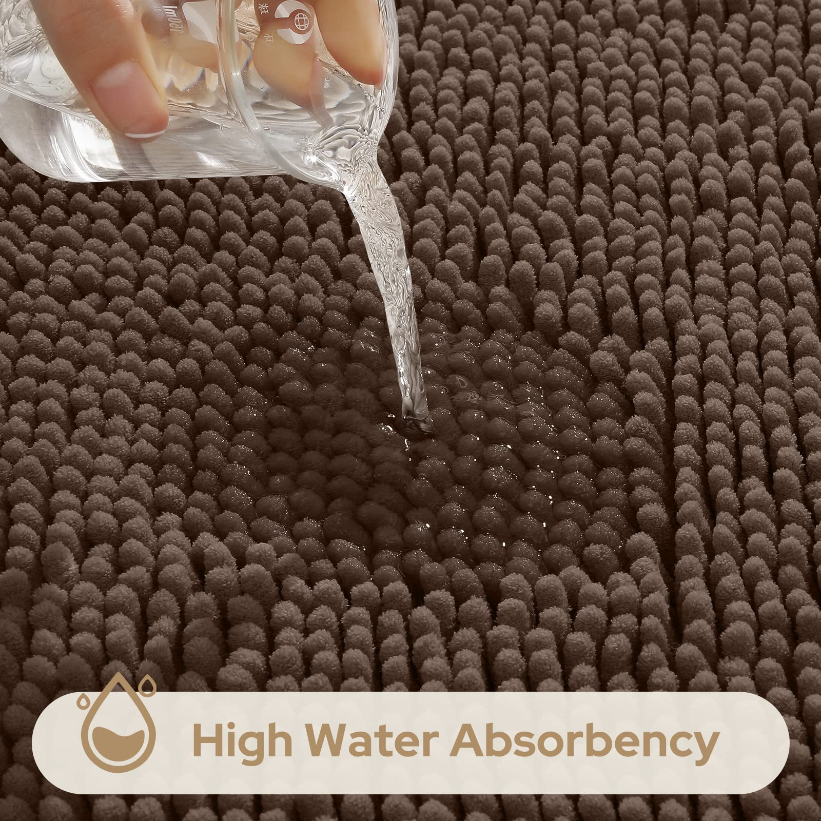 HOMEIDEAS 3 Pieces Bathroom Rugs  Ultra Soft Non Slip Absorbent Chenille Toilet Bath Mat Set (Brown)