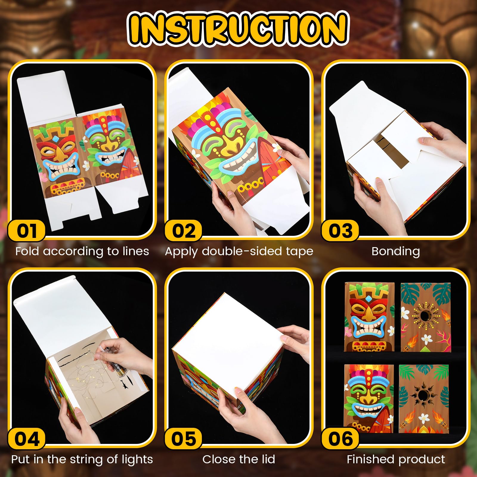 AmazingSpark 8 Pcs Tiki Totem Box Decor with Light Hawaiian Luau Party Decorations Tropical Aloha 7.87 x 7.09 Lighted Gift Boxes