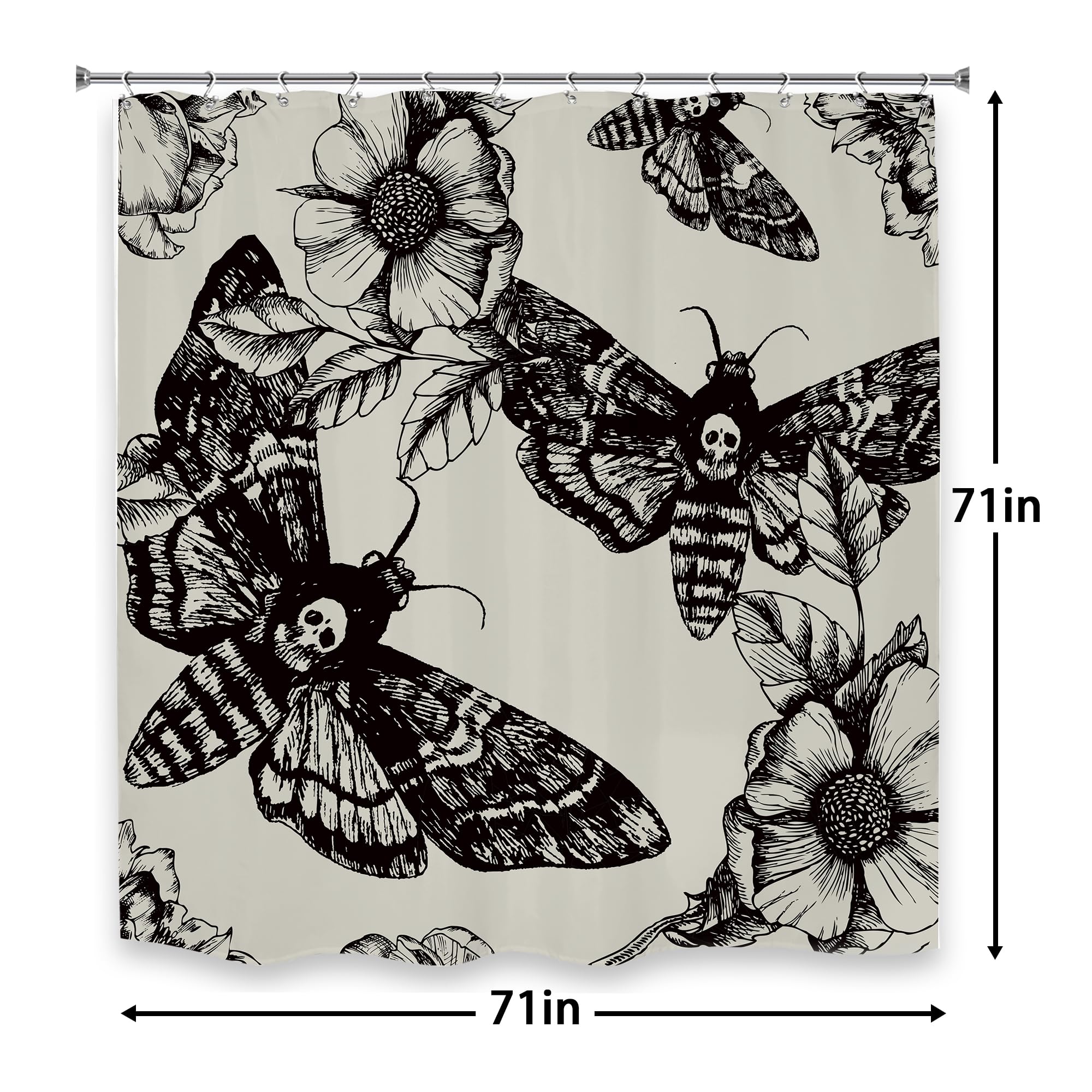 Lghtyro Black Skull Moth Shower Curtain Bathroom Set 71Wx71H Inches Vintage Gothic Scary Retro Flower Floral Botanical Leaves Bu