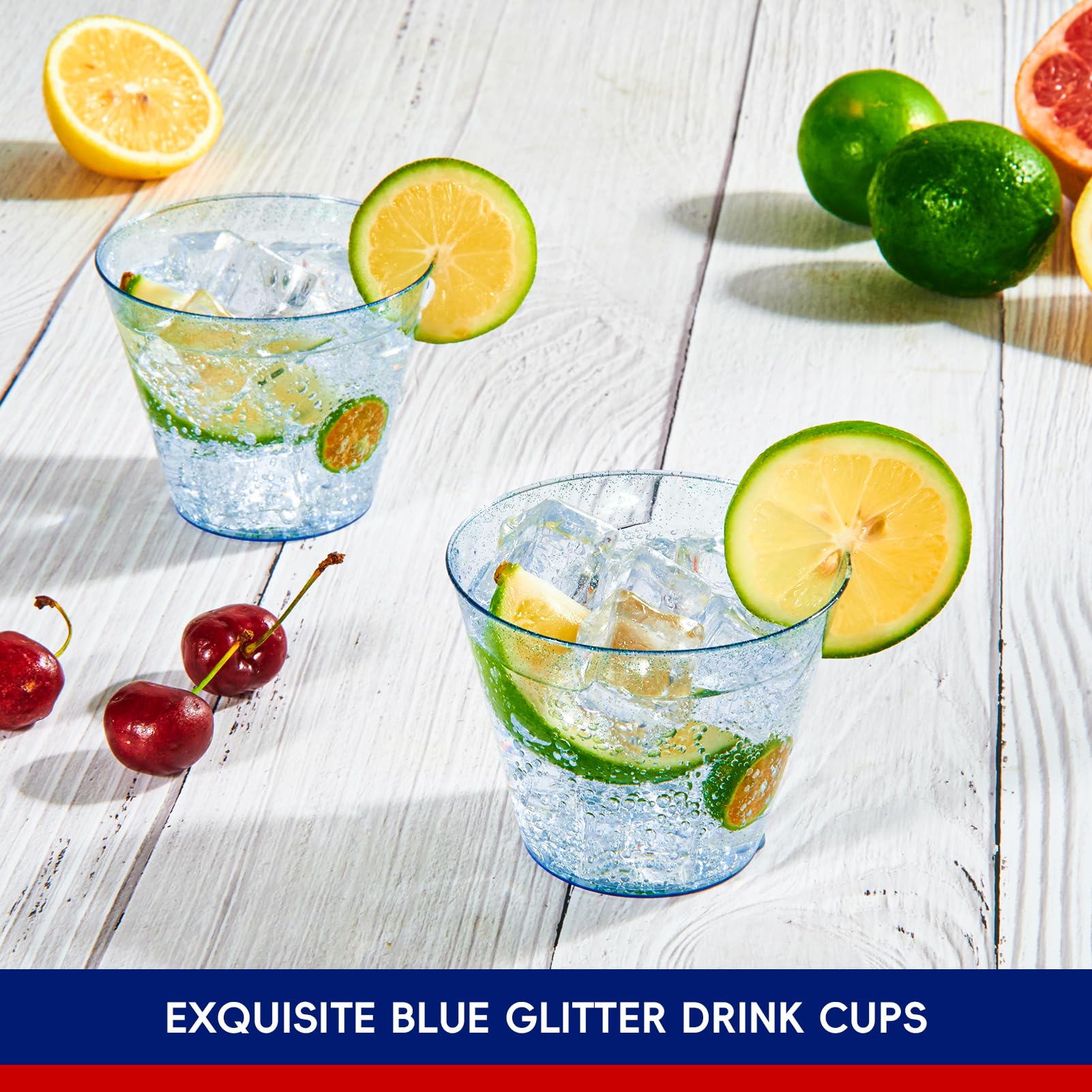 Jolly Chef 100 Pack 9 Oz Blue Plastic Cups, Blue Disposable Cups Tumblers, Elegant Blue Glitter Party Cups, Drinking Cups Perfec