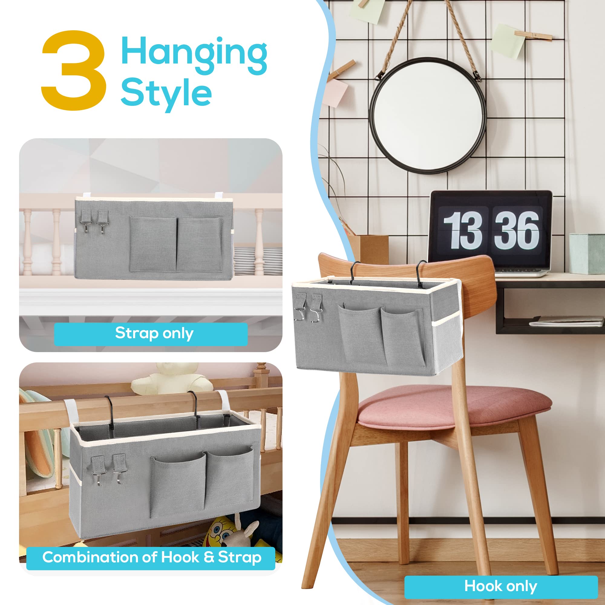 Kanrichu 2pcs Bedside Caddy Hanging Storage Bag, Water Cup Holders, Organizer Baskets with Pockets for Bunk Bed Shelf, Hospital
