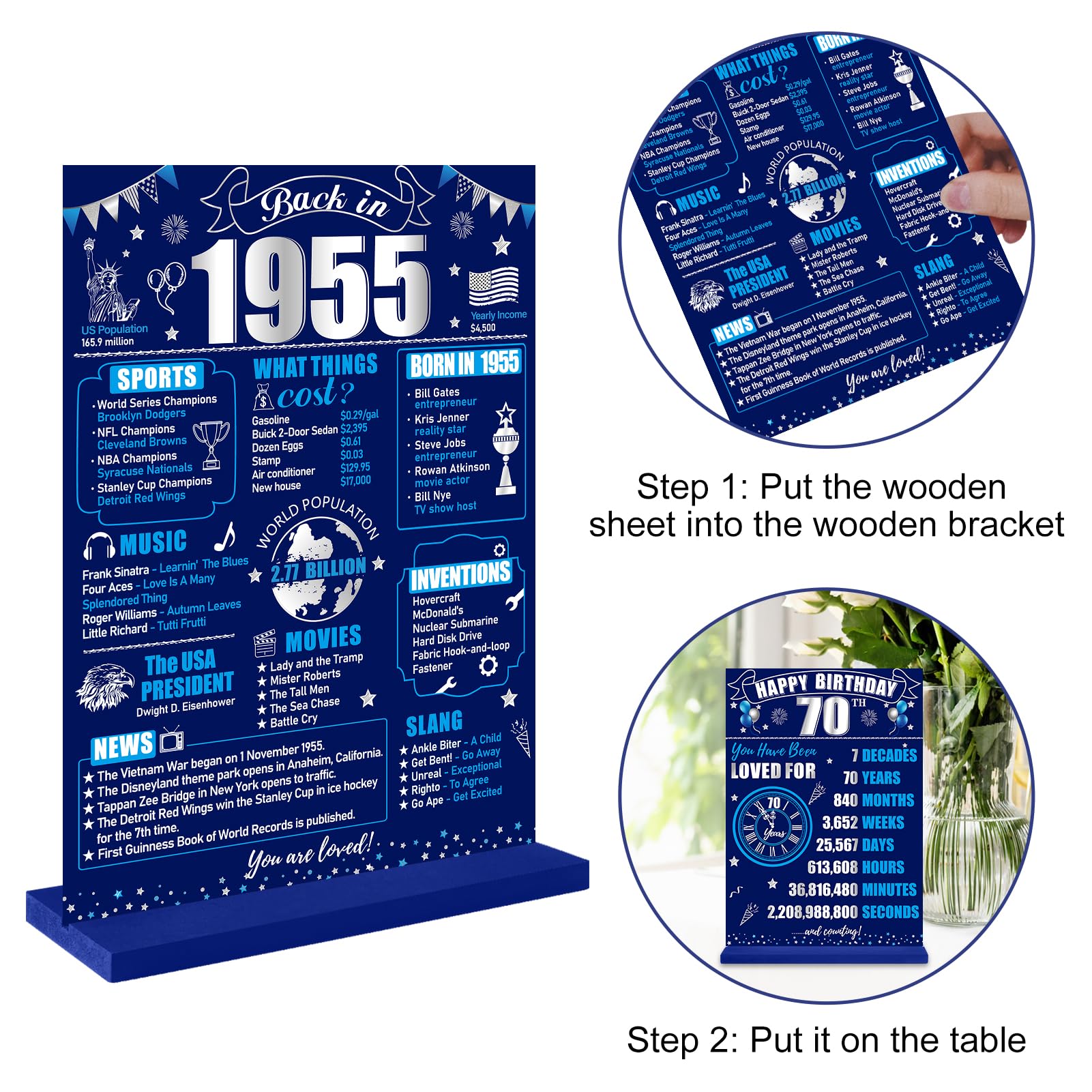 70th Birthday Decorations Back in 1955 Table Sign for Men, Blue Silver 70 Birthday Two-Sided Wooden Table Poster with Stand Part