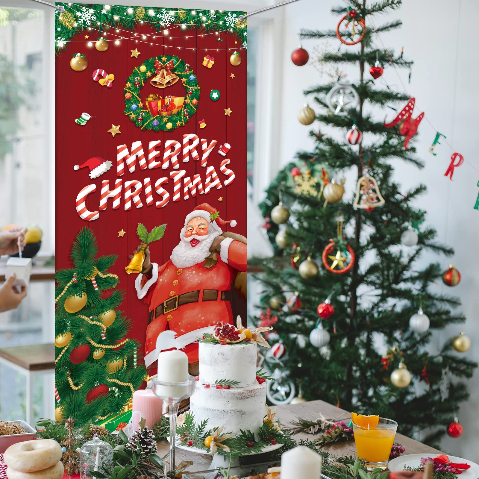 Merry Christmas Door Cover, 78.7  36.6 Inch Large Xmas Door Banner Santa Backdrop Holiday Festival Banner Funny Christmas Party