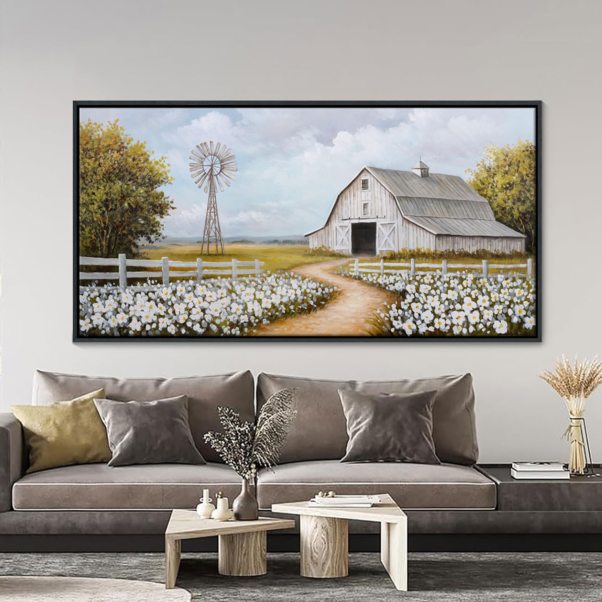 Ycprimer Vintage Classical Farmhouse Painting Rustic Countryside Wildflower Field Nature Meadow Landscape Retro Windmill Barn Ca
