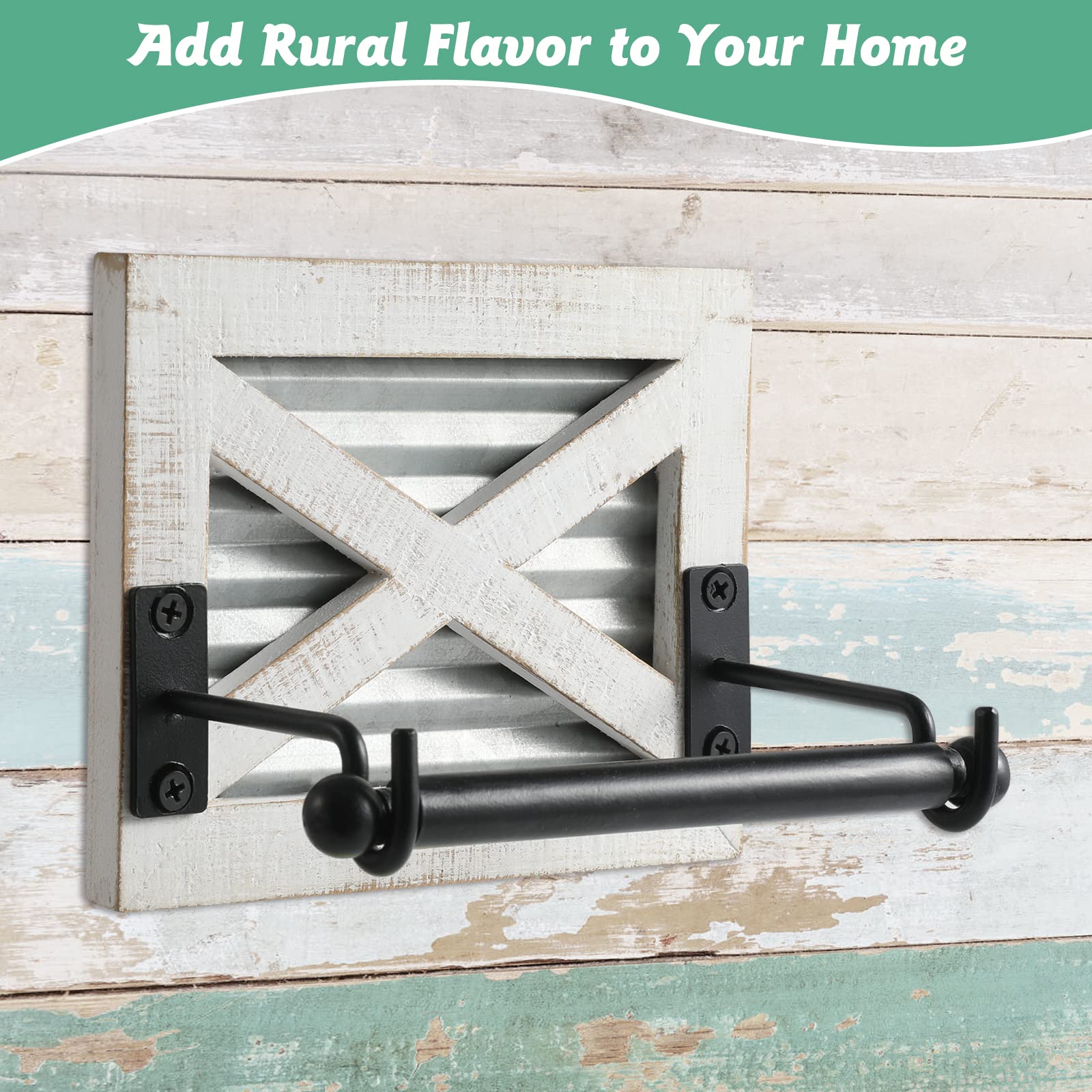 Farmhouse Toilet Paper Holder With Galvanized Metal& Black Metal - Rustic Weathered White Wood Wall Mount Toilet Roll Holder For
