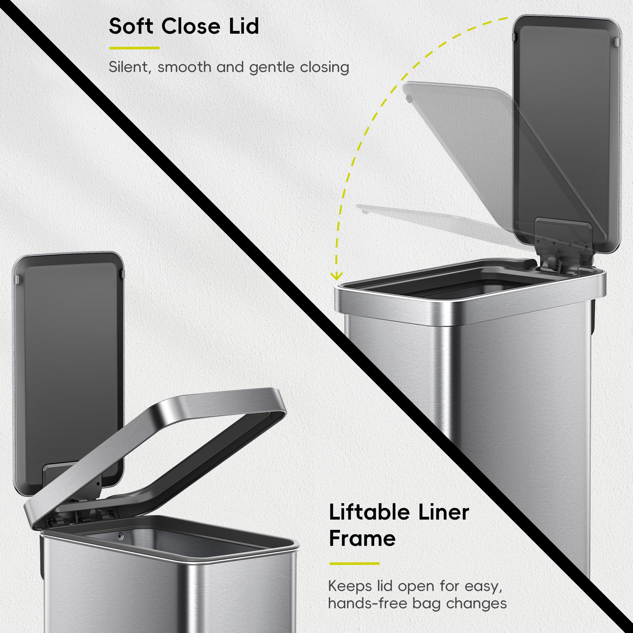 EKO Hudson Slim 50L / 13.2 Gallon Kitchen Trash Can with Lid, Stainless Steel Step Garbage Can for Kitchen or Home, Space-Saving