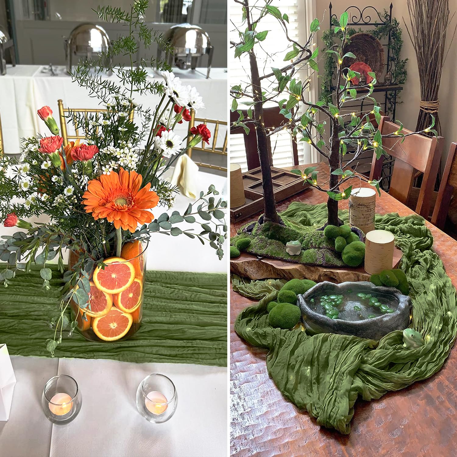 10 Packs Olive Green Cheese Cloth Table Runners, 10FT Boho Gauze Moss Green Cheesecloth Table Runner for Wedding Bridal Baby Sho