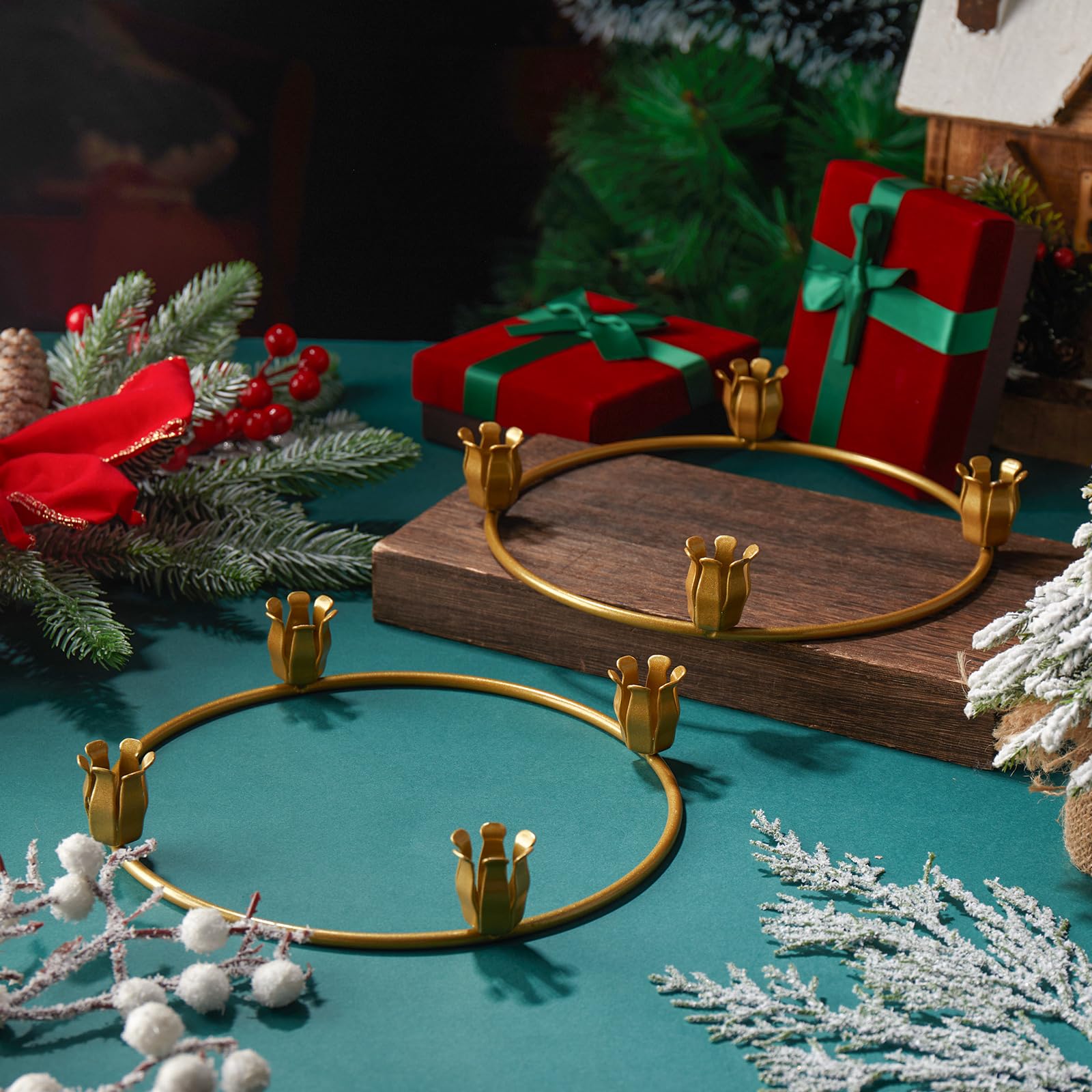 Thyle 12 Pcs Metal Christmas Advent Wreath Rings Bulk Gold Advent Wreath Candle Holder Xmas DIY Taper Candle Rings Table Candela