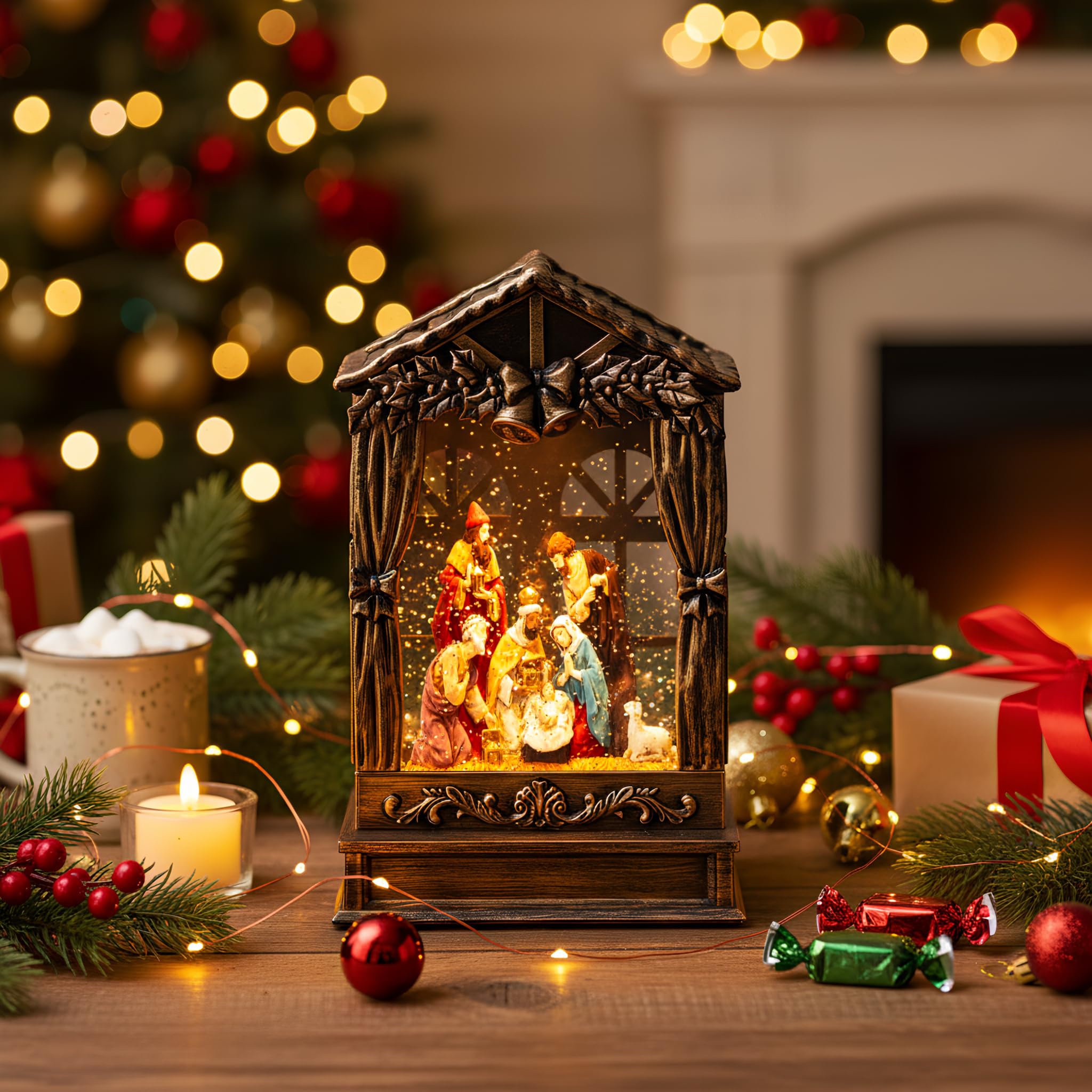 Three Kings Three Saints Window Christmas Snow Globe Swirling Glittering Nativity Figurines Manger Scene, USB Lined/Battery Oper