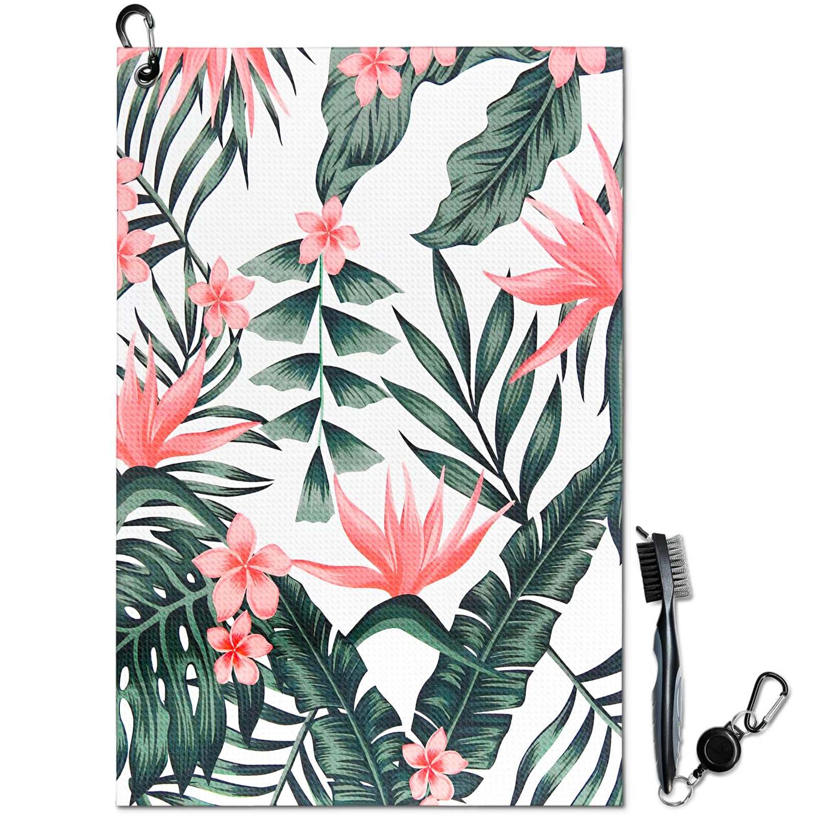 Tropical Plants Golf Towel and Brush Set, Microfiber Waffle Golf Bag Towel with Clip, Golf Cleaning Kit for Men and Women, Leave