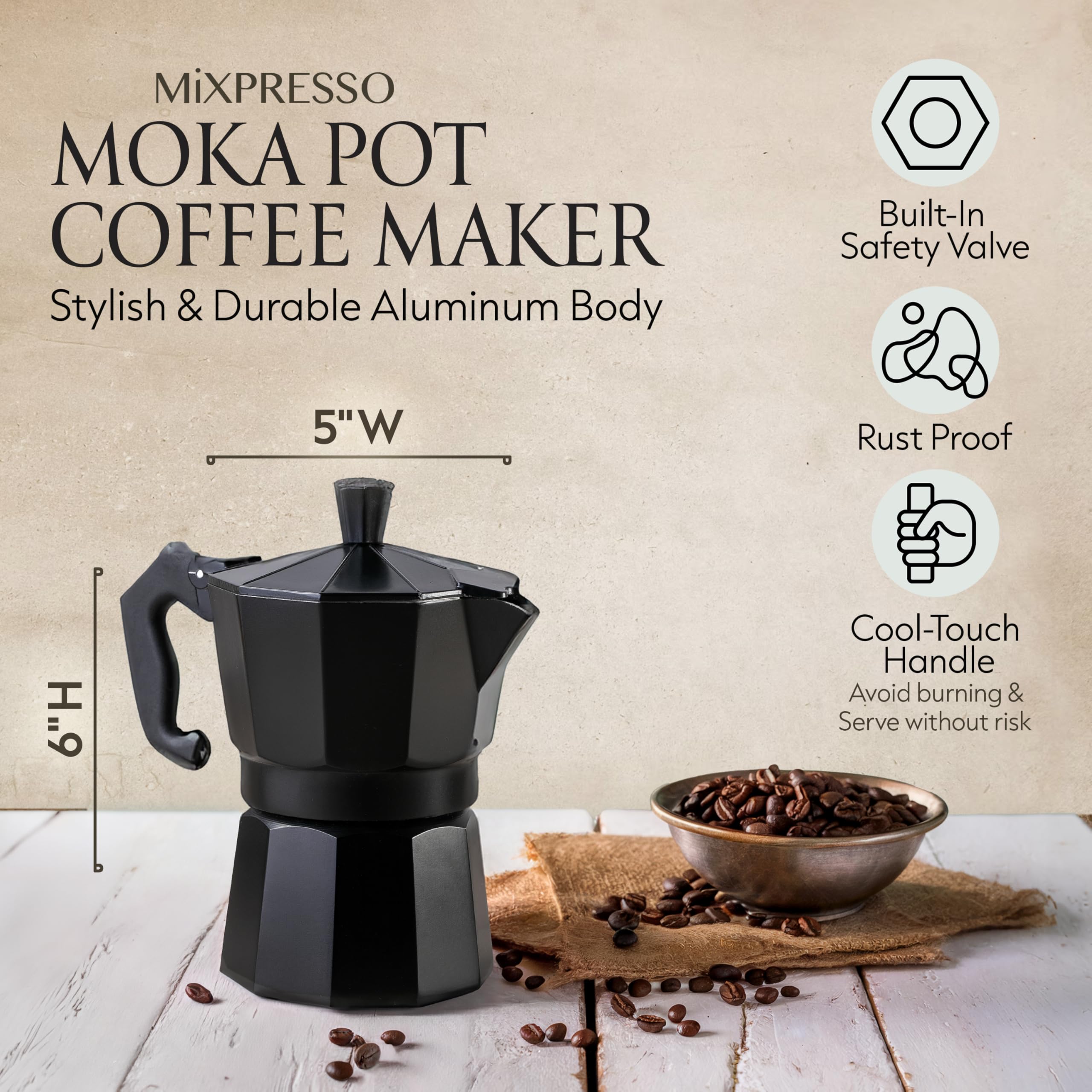 Mixpresso Aluminum Moka Stove Coffee Maker, Moka Pot Coffee Maker For Gas, Electric Stove Top, Classic Italian Coffee Maker, Bla