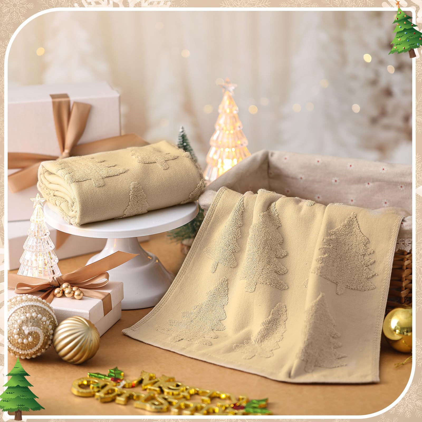 Breling 2 Pcs Christmas Hand Towels Beige Christmas Trees Bathroom Decorative Towels 100% Cotton Absorbent Jacquard Weave Bath D