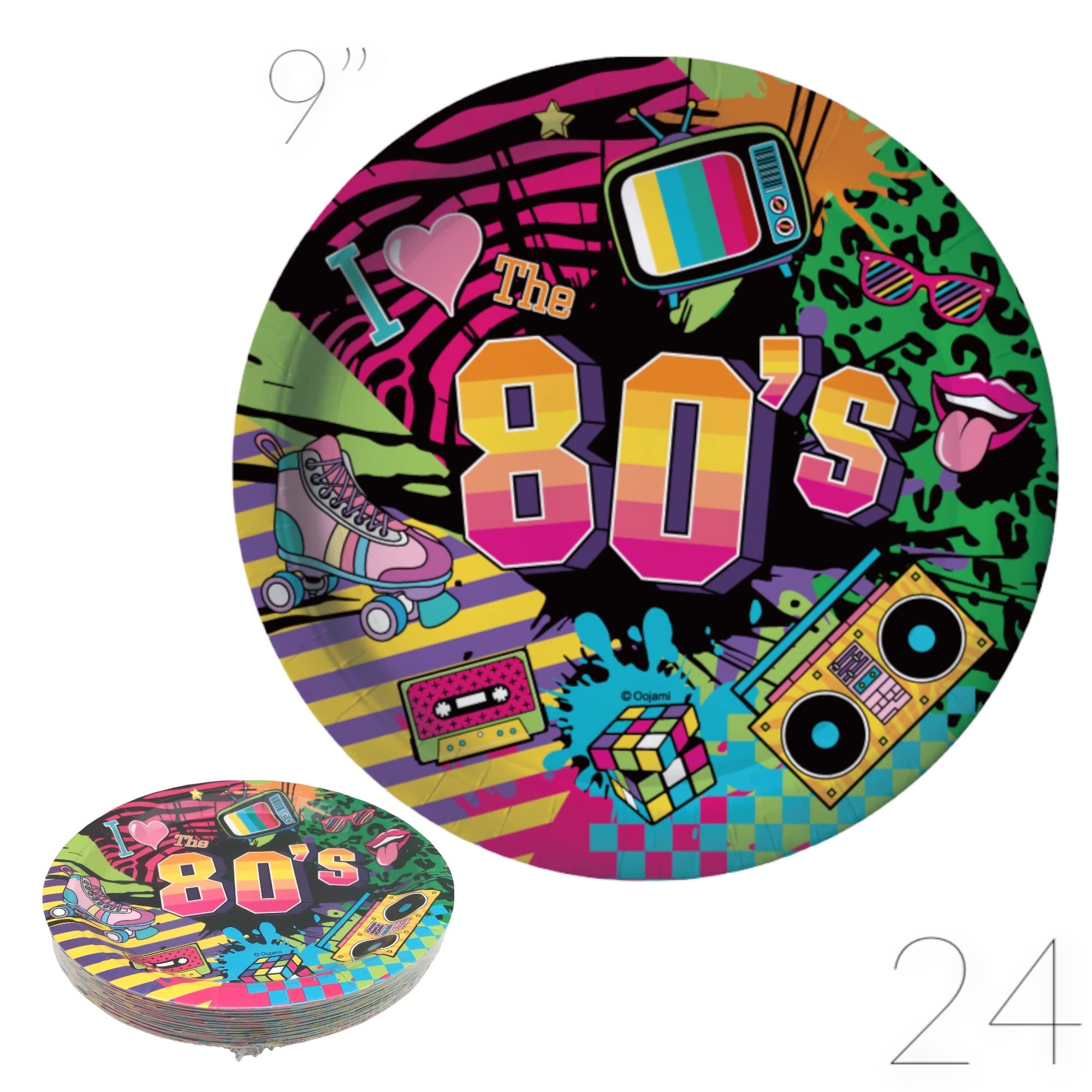 Oojami Serves 24 Complete 80'S Themed Birthday Party Pack Includes Paper Plates, Cups, Napkins, 2 Table Covers, Swirls, Ideal Fo