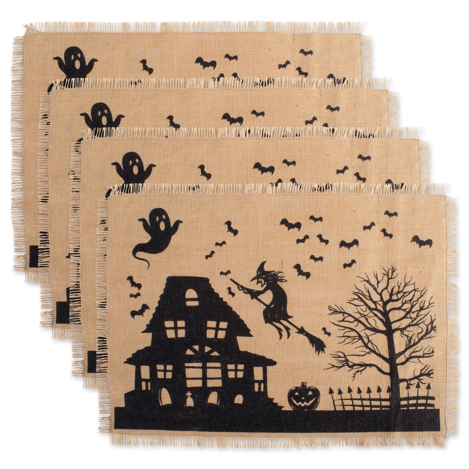 DII Halloween Primitive Style Burlap Tabletop D  cor, Spooky Haunted House Jute, Placemat Set, 13x19, Black & Tan, 4 Count