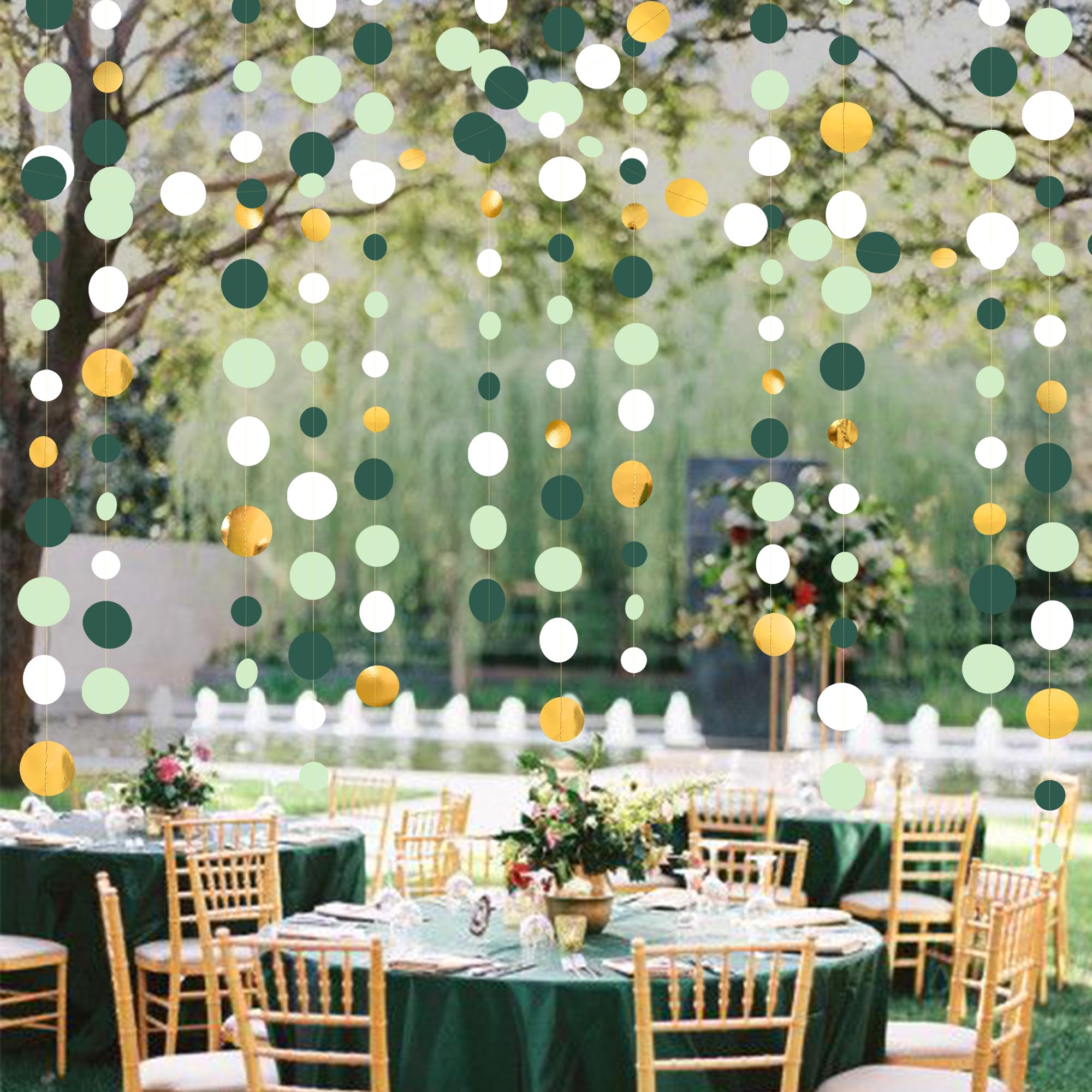 46 Ft Sage Green Gold Party Decorations Polka Dots Garlands Hanging Paper Circle Dots Streamer For Safari Wild Woodland Jungle T