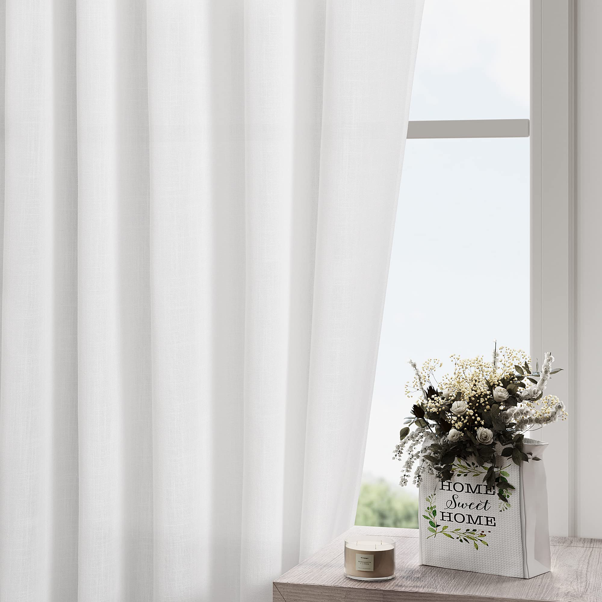 Nanspring White Linen Semi Sheer Cafe Curtains 36 Inch Length 2 Panel Set Back Tab Pocket Design for Small Bathroom Kitchen Wind