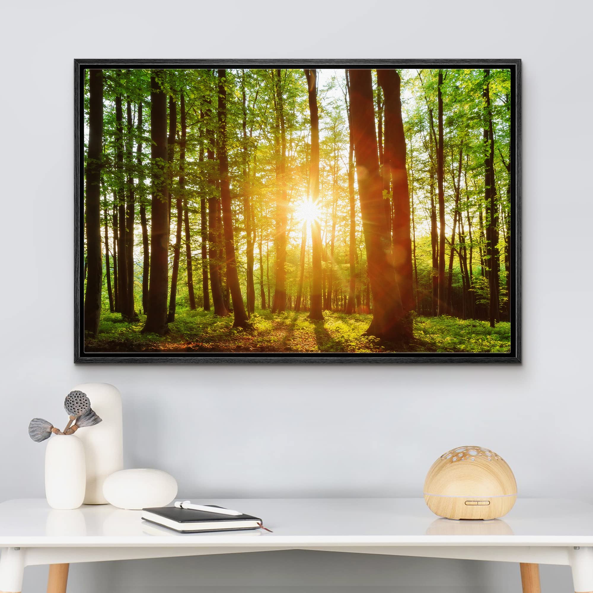 wall26 Framed Canvas Print Wall Art Sunrise Over The Green Forest Nature Wilderness Photography Modern Art Rustic Scenic Colorful Multicolor for Living Room  Bedroom  Office - 16''x24'' Black