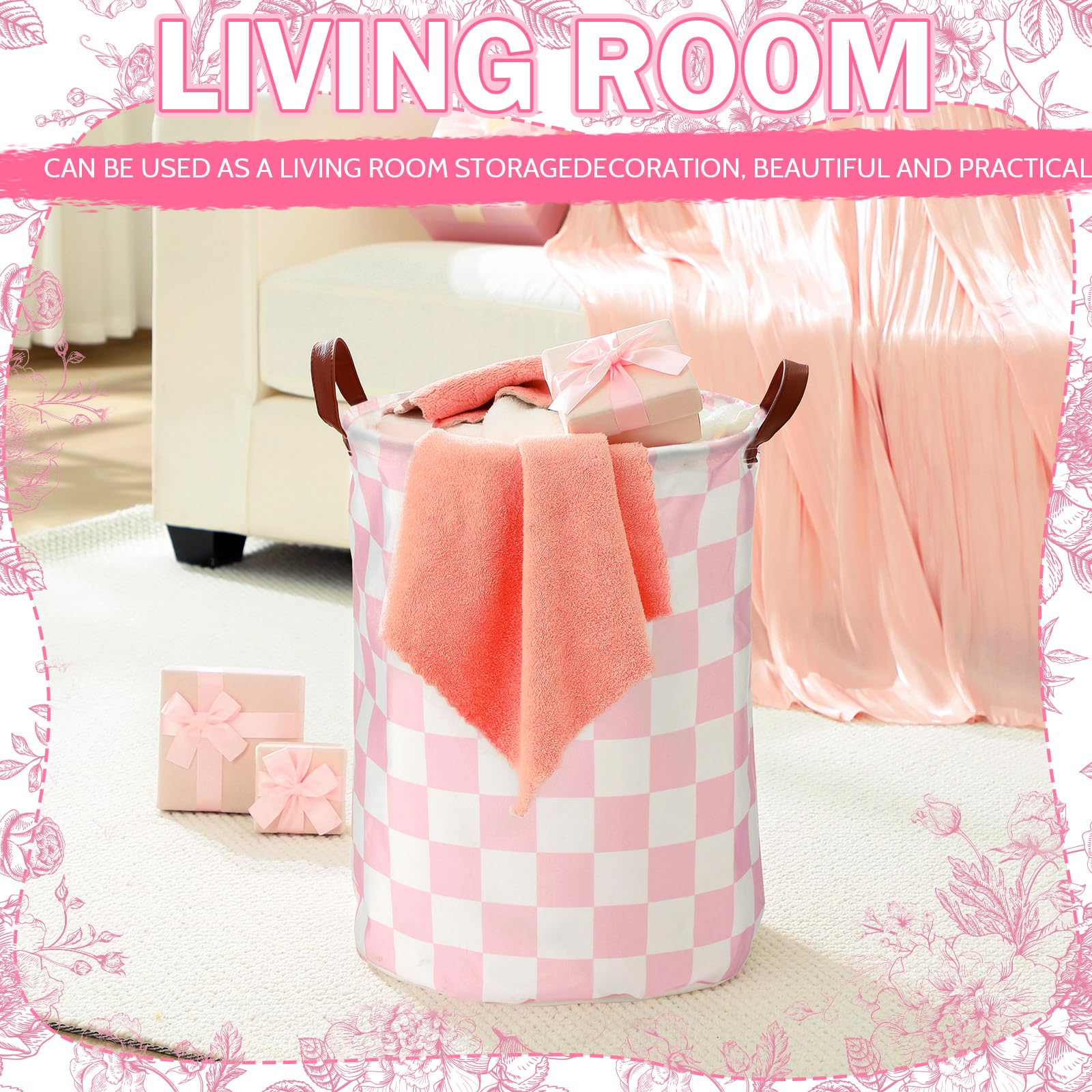 Croblissful 2 Pcs Pink Gingham Laundry Basket Checked Storage Basket For Girls Nursery Hamper With Handles Foldable Waterproof C