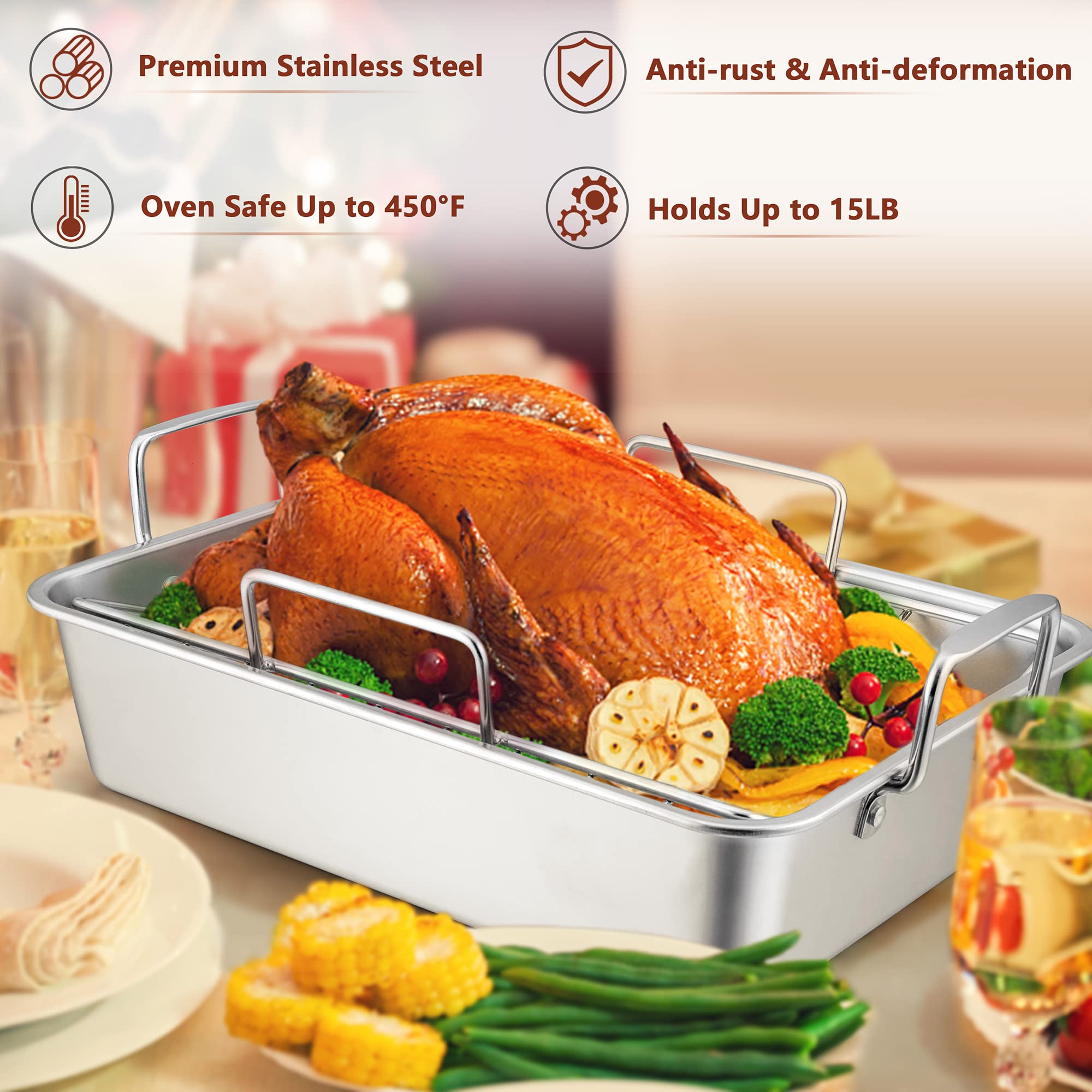 Lianyu 14 Inch Roasting Pan With Rack, Stainless Steel Turkey Roaster Pan With V-Shaped Rack And Baking Rack, Heavy Duty Roaster