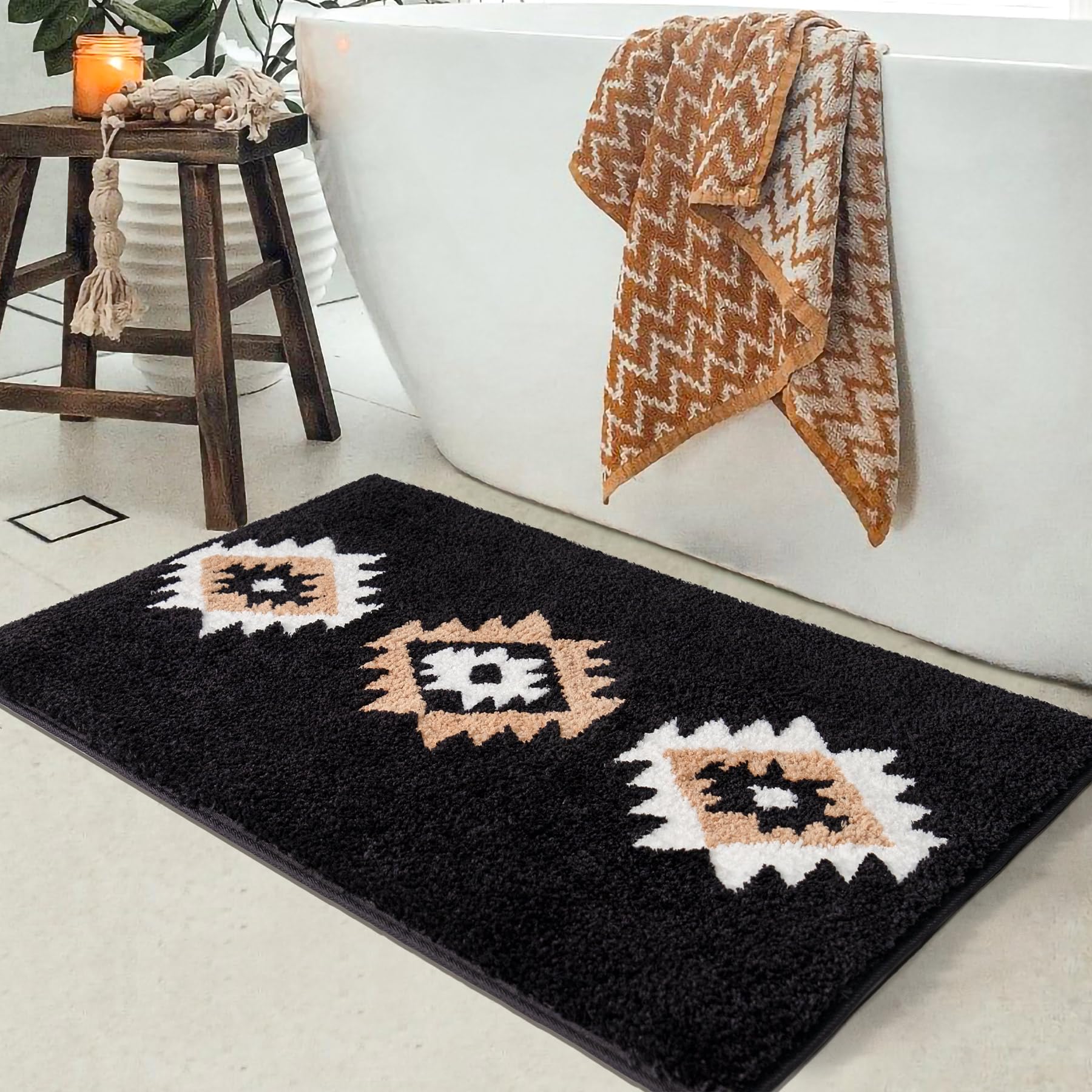 Dexde Boho Bathroom Rugs Black Aztec Bath Mat Non Slip Western Geometric Bath Rug Luxury Soft Absorbent Carpet For Bathroom Show