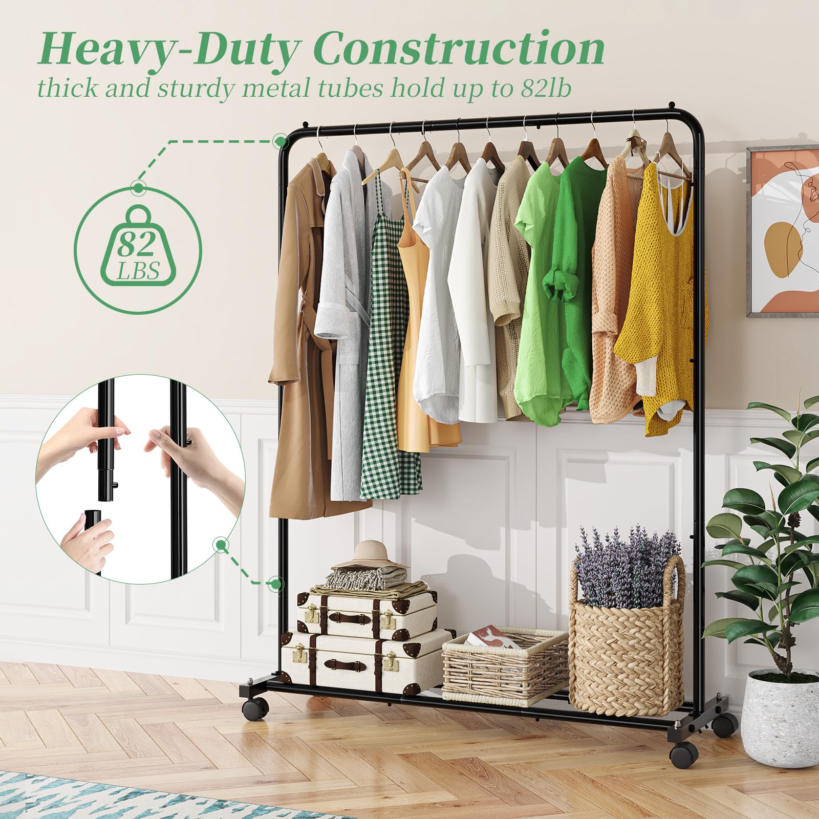 Simple Trending Standard Clothes Clothing Garment Rack With Storage Shelves, Rolling Clothes Organizer On Wheels For Hanging Clo