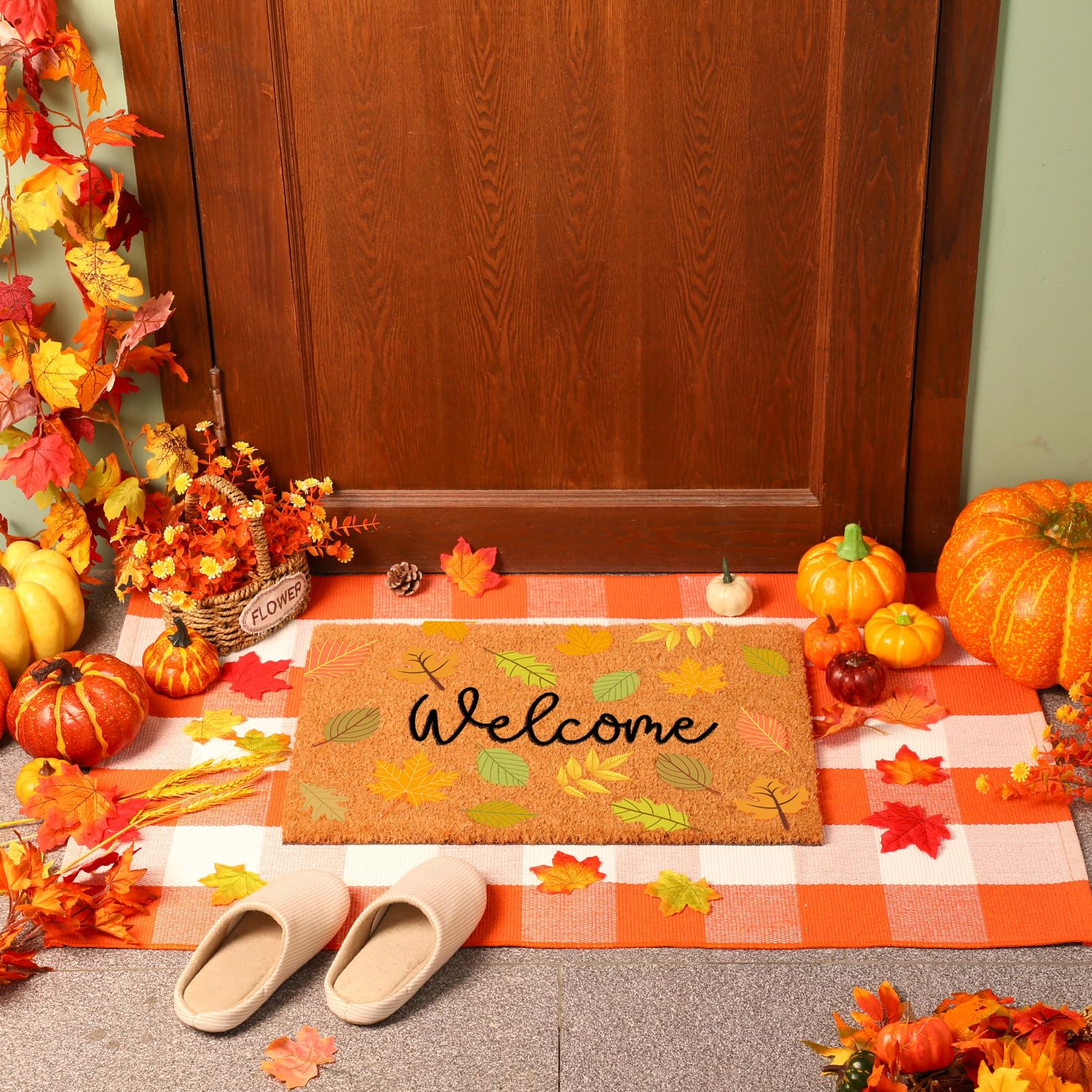 2 Pcs Thanksgiving Coir Doormat Outdoor Thanksgiving Maple Leave Welcome Outdoor Rugs for Layered Buffalo Orange White Plaid Mat